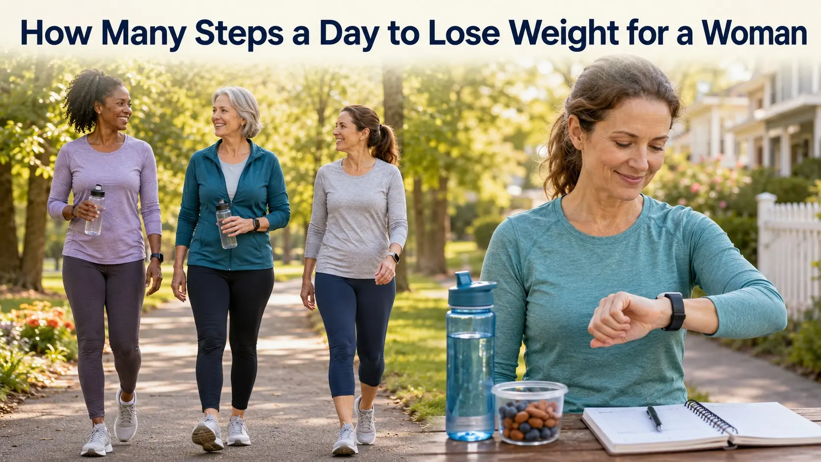 How many steps a day to lose weight for a woman guide with women walking safely, tracking steps, drinking water, and planning a simple walking routine