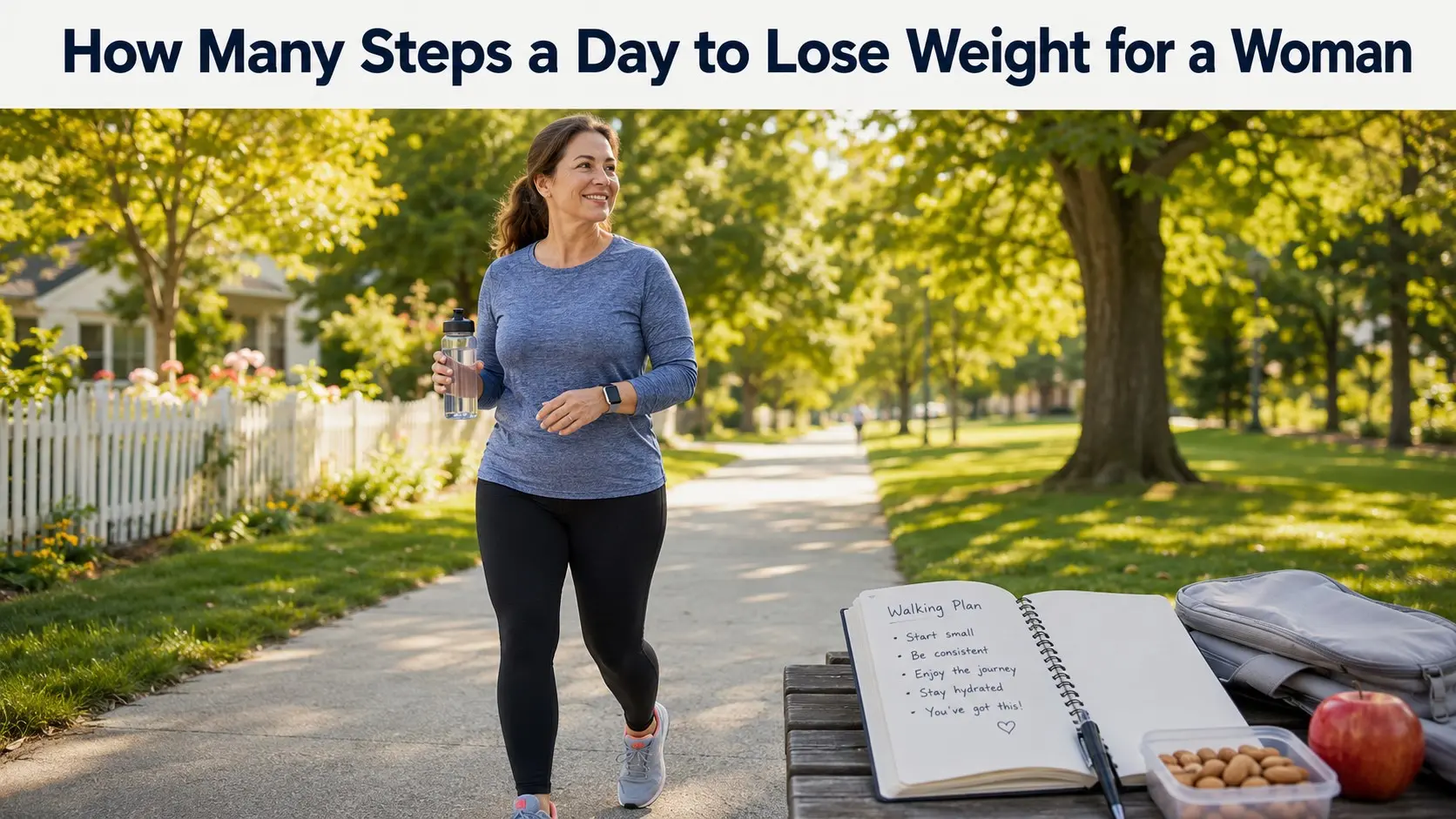 How Many Steps a Day to Lose Weight for a Woman- Woman walking outdoors with comfortable shoes, water bottle, step tracker, and a simple walking plan for healthy weight loss