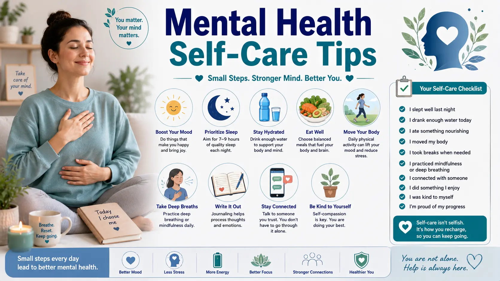 Mental Health Self-Care Tips guide with calm mood icons, sleep, movement, healthy food, water, breathing, journaling, social support, and self-care checklist.