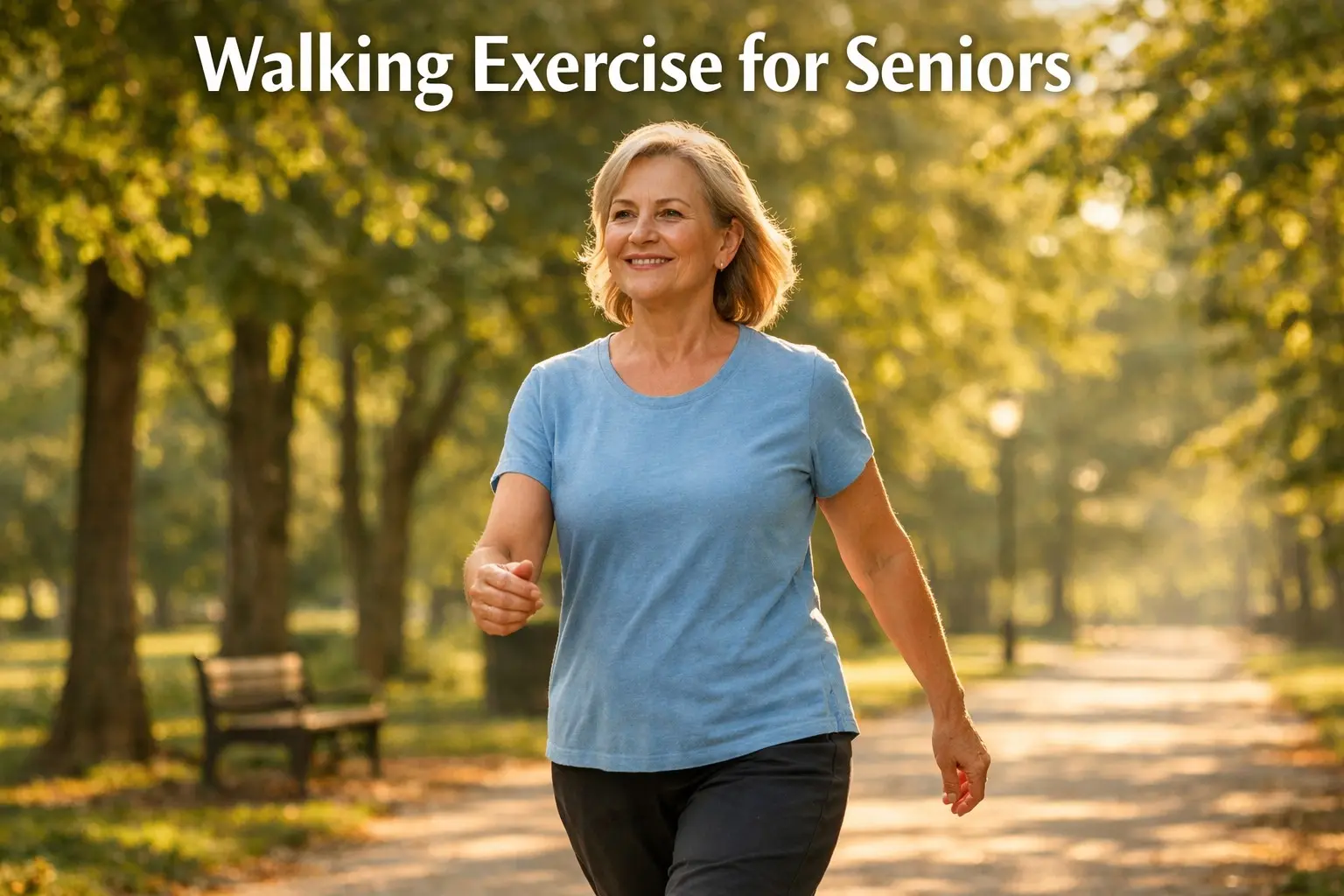 An active senior woman walks briskly through a sunny, treeโlined park in the morning, smiling with relaxed posture and natural arm swing under warm golden light. Text at the top reads โWalking Exercise for Seniors.
