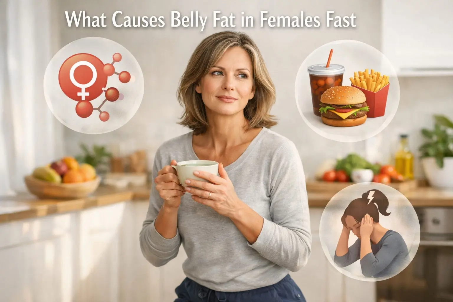 Woman in her 40s understanding what causes belly fat in females — standing in a bright kitchen illustrating the hormonal, dietary and lifestyle causes of abdominal fat in women