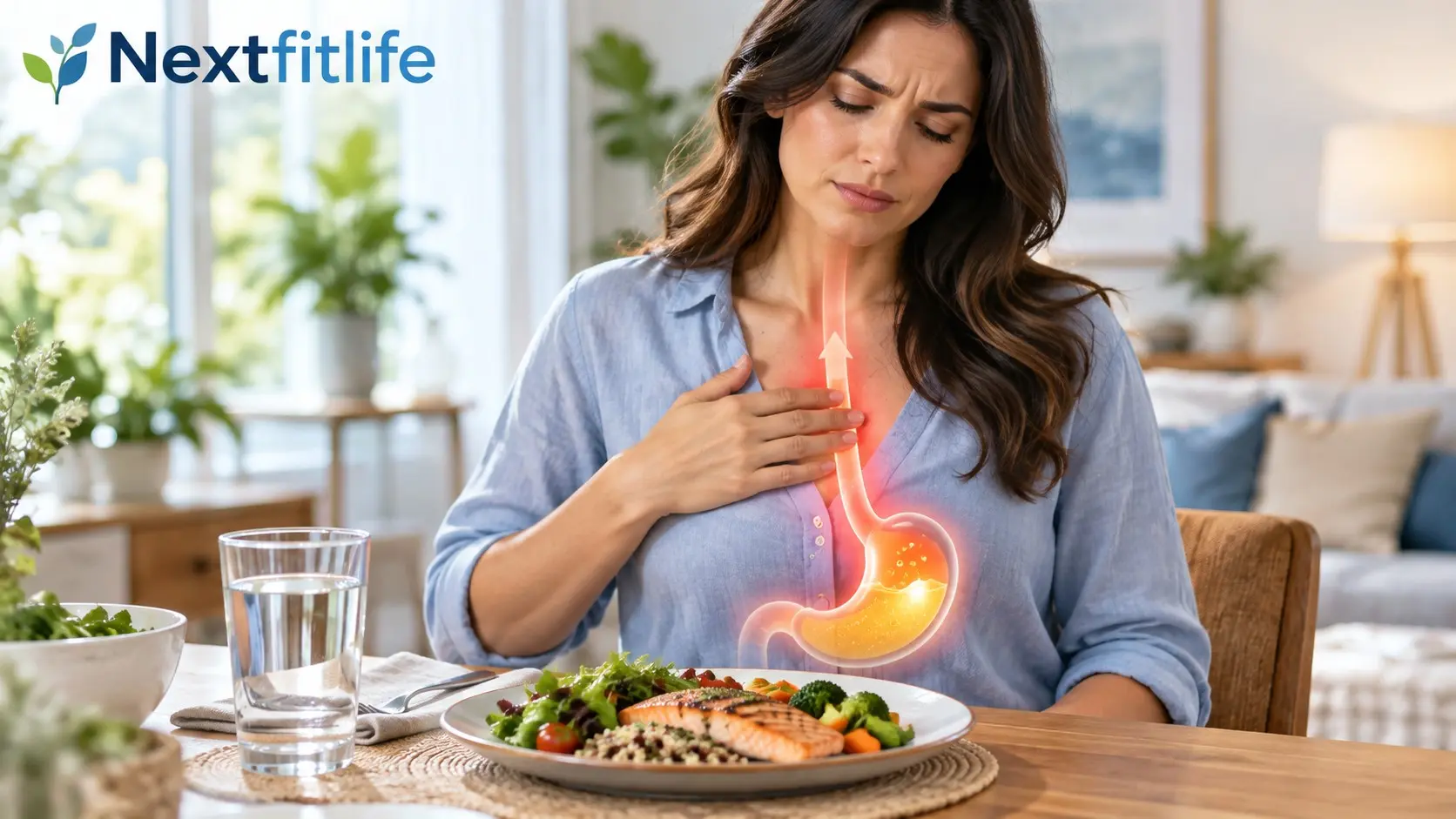 Acid reflux causing heartburn and regurgitation after eating with stomach and esophagus highlighted