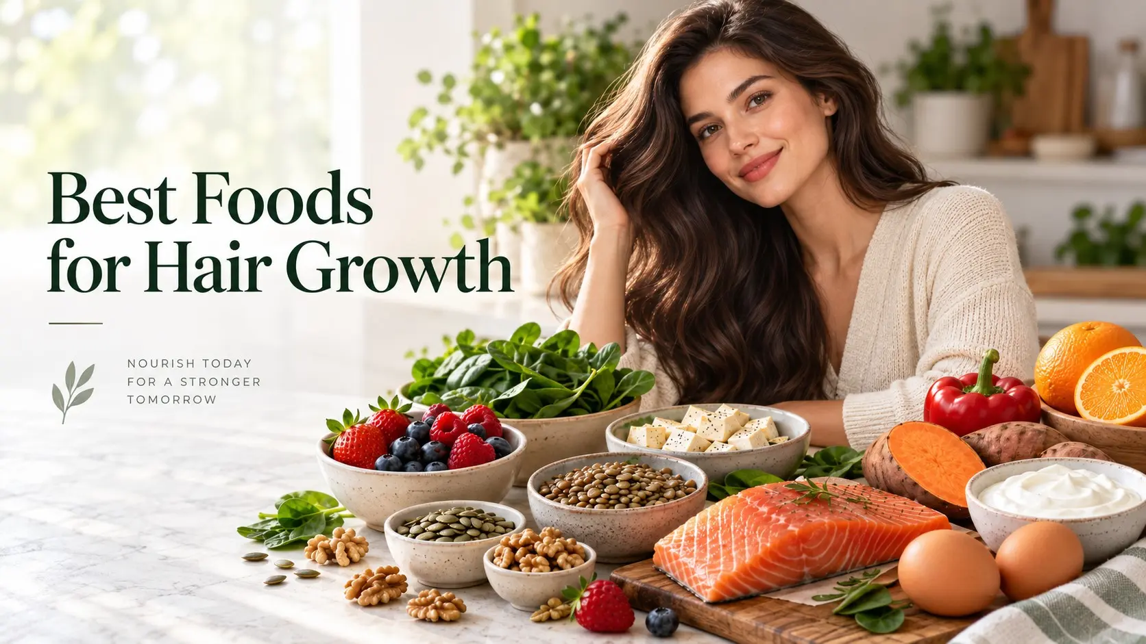 Best Foods for Hair Growth including salmon, eggs, lentils, tofu, spinach, pumpkin seeds, berries, sweet potato, and other nutrient rich foods.