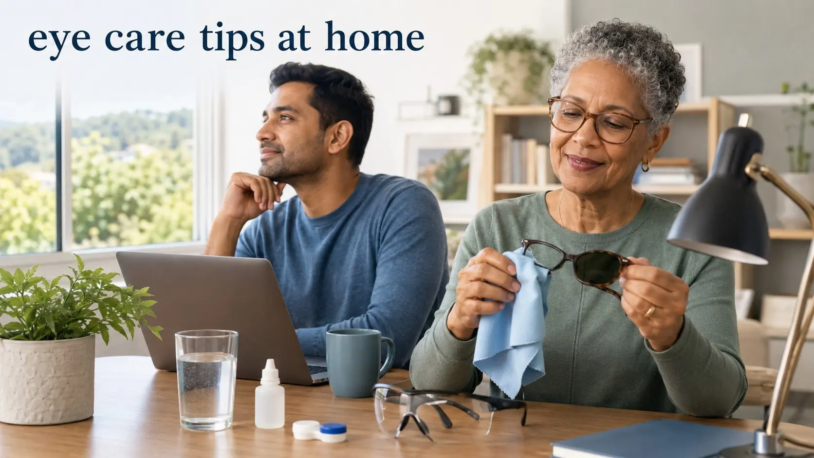 eye care tips at home- Adults following safe eye care habits at home with a screen break, glasses, sunglasses, and clean eye care supplies