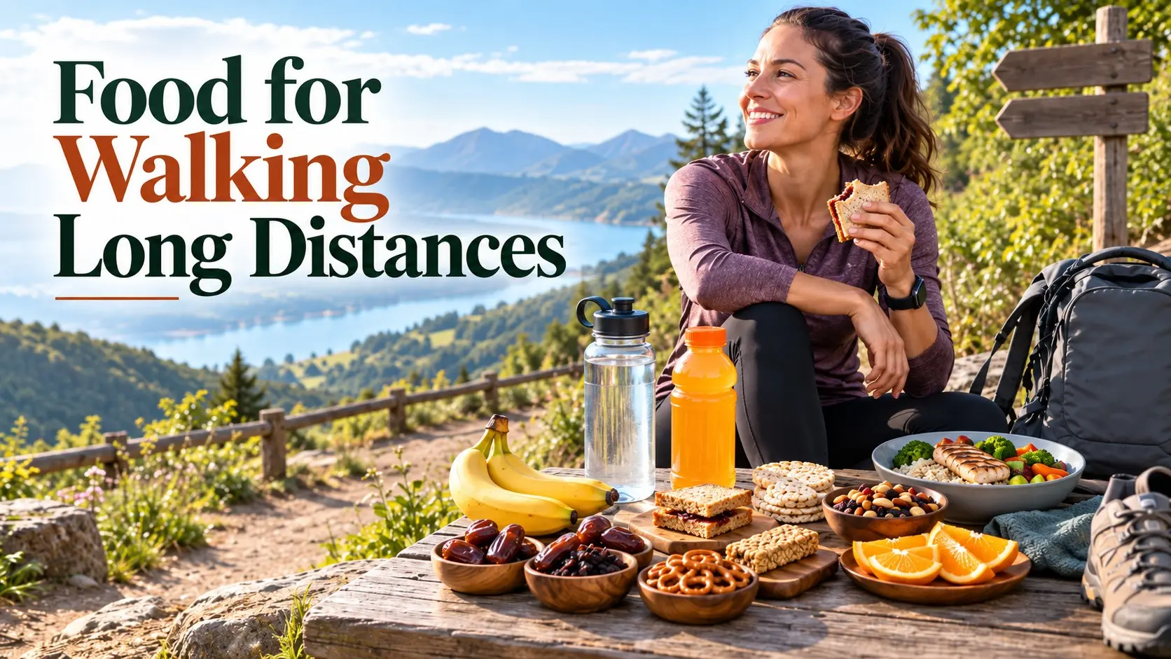 Food for Walking Long Distances with bananas, dates, raisins, pretzels, sandwiches, trail mix, water, and other practical walking fuel.