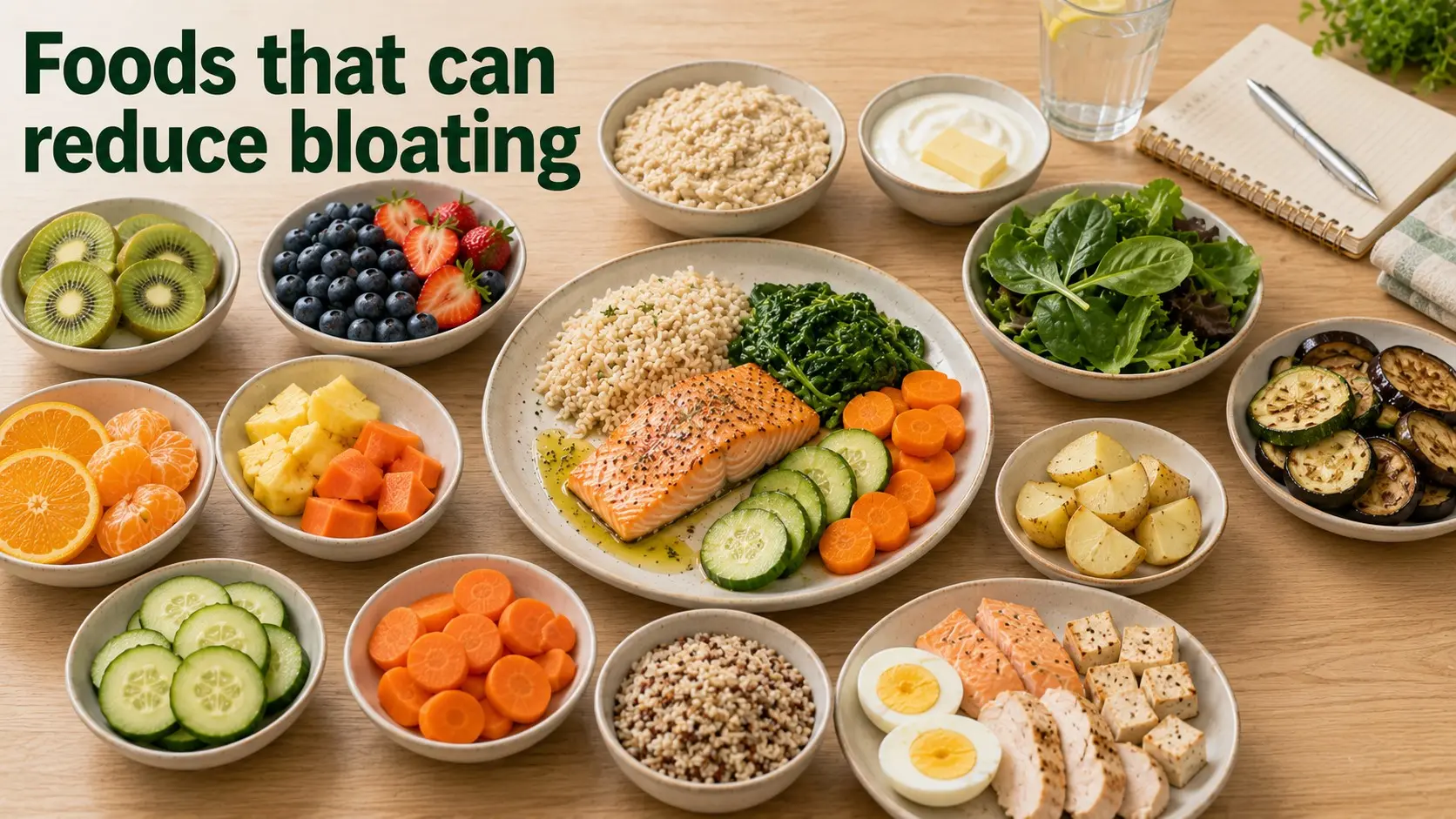 Foods that can reduce bloating with kiwi, berries, oranges, cucumber, carrots, zucchini, oats, rice, potatoes, yogurt, eggs, salmon, and tofu.