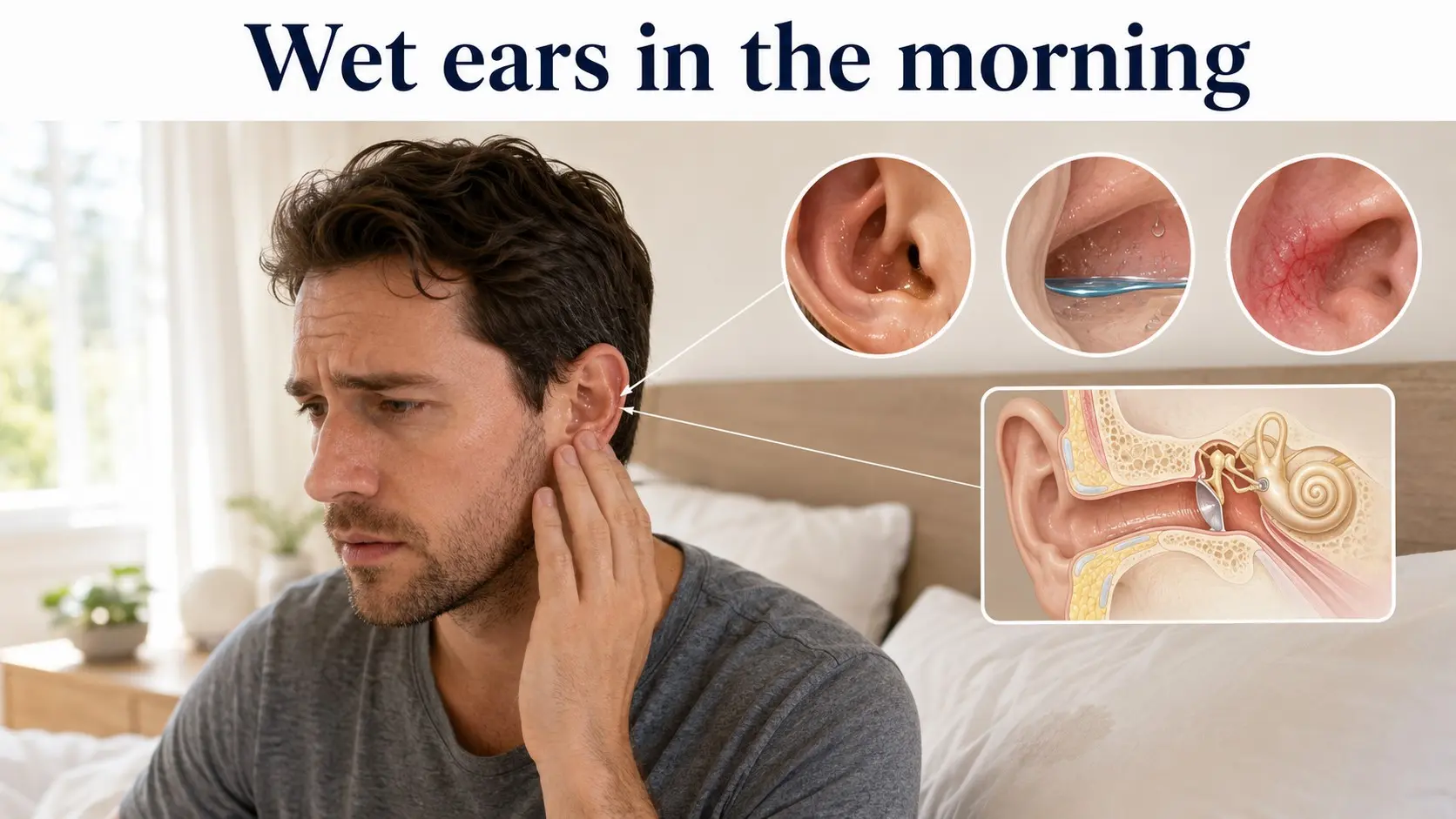 Wet ears in the morning illustrated with normal earwax, trapped water, outer ear infection, middle ear fluid, and signs of abnormal ear drainage