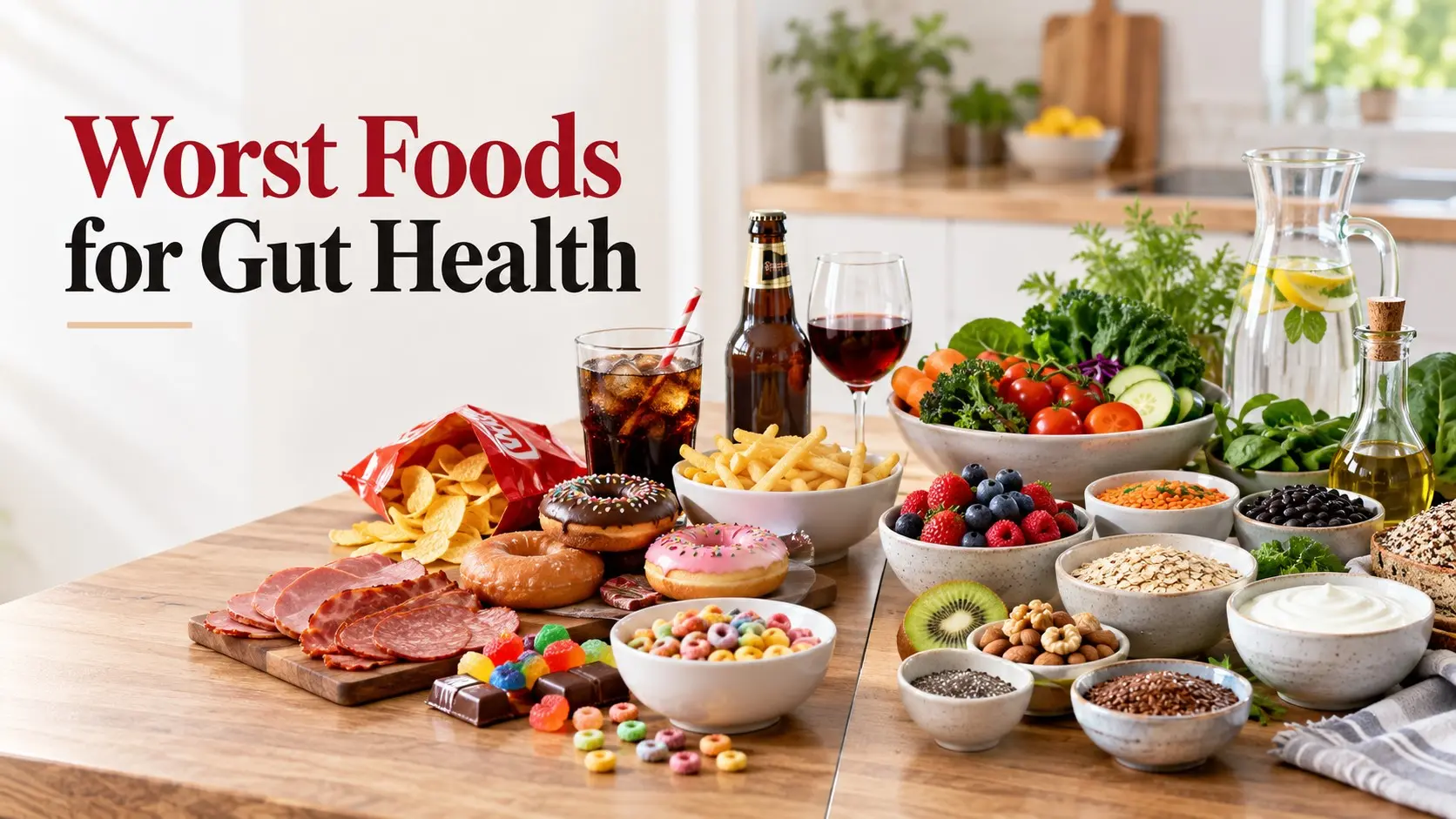 Worst Foods for Gut Health shown beside fiber rich whole foods, with processed snacks, sugary drinks, alcohol, vegetables, oats, beans, berries, and yogurt