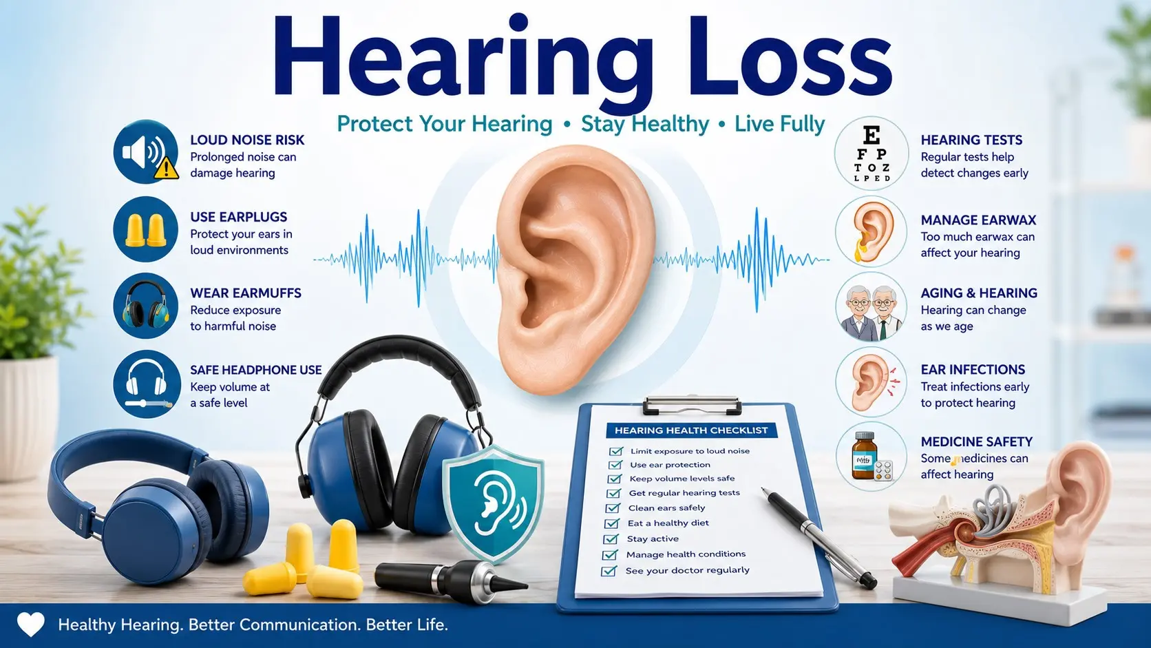 Hearing Loss guide with ear health icon, loud noise warning, earplugs, headphones volume control, hearing test, earwax, aging, infection, medicine safety, and doctor checklist icons.
