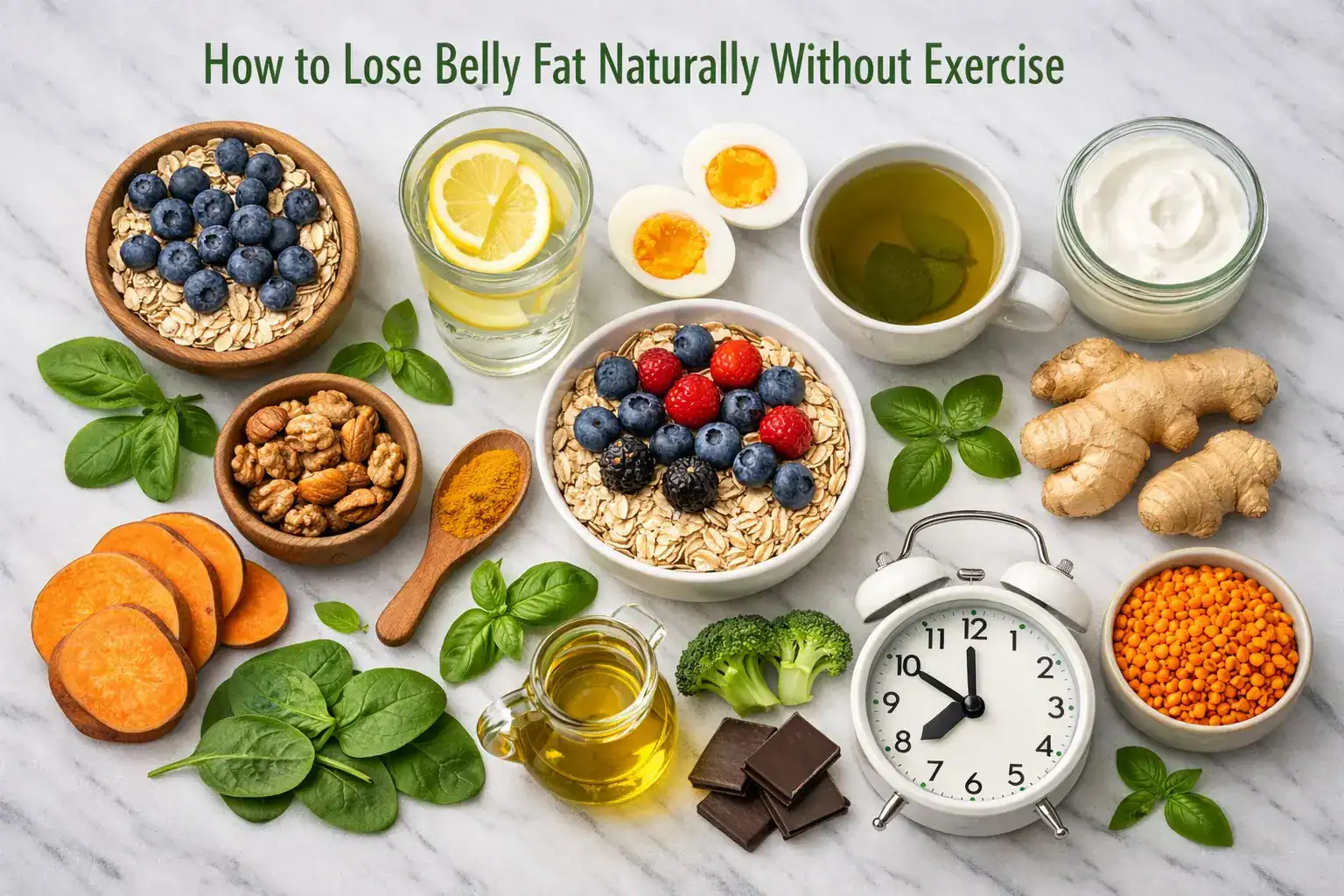 Top‑down flat lay of healthy foods on white marble with grilled salmon, avocado, blueberries, oats with berries, spinach, broccoli, nuts, olive oil, turmeric, ginger, dark chocolate, lentils, Greek yogurt, sweet potato, and chili peppers, styled in vibrant natural colors with a photorealistic woman in the center. Text at top reads ‘How to Lose Belly Fat Naturally Without Exercise.’”