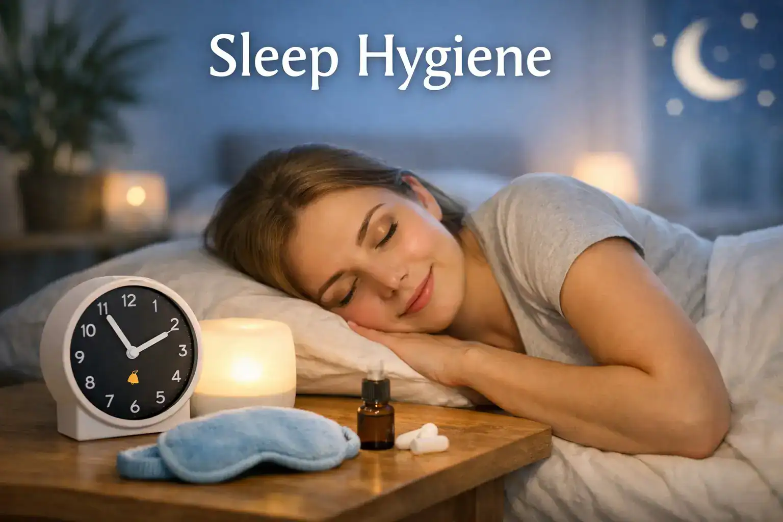 Sleep Hygiene concept — woman resting peacefully in a cool, dim bedroom with an alarm clock, diffuser, and sleep mask on the bedside table, illustrating healthy bedtime habits for better sleep