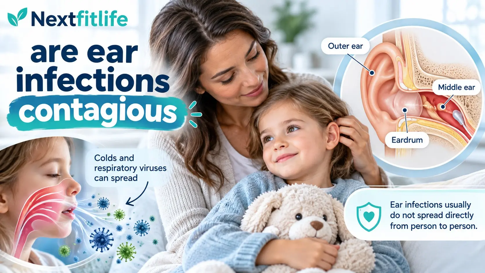 Are ear infections contagious explained with middle ear infection, cold virus spread, Eustachian tube, symptoms, and prevention