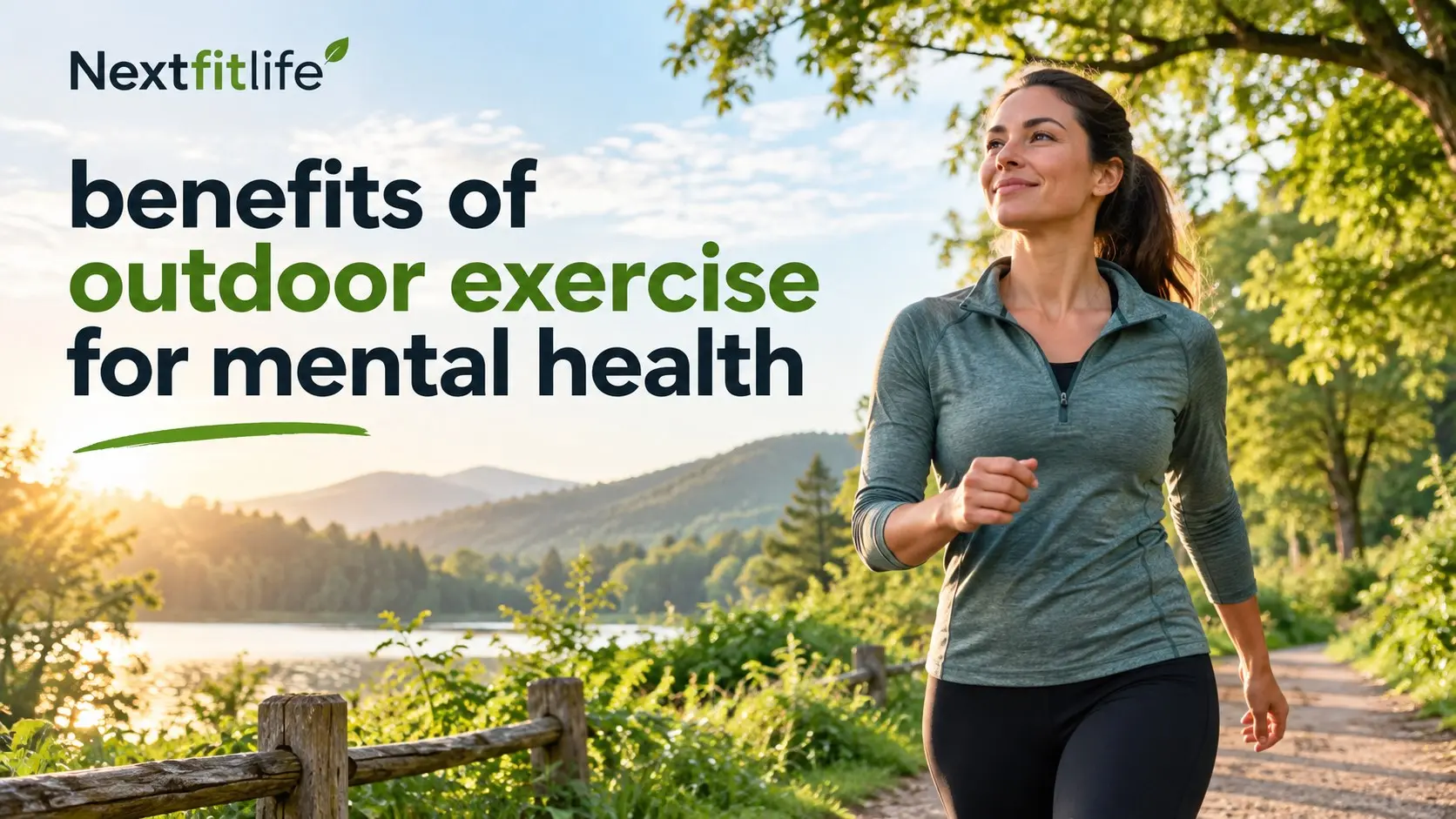 Benefits of outdoor exercise for mental health with a person walking in green nature for mood, stress relief, focus, and well being