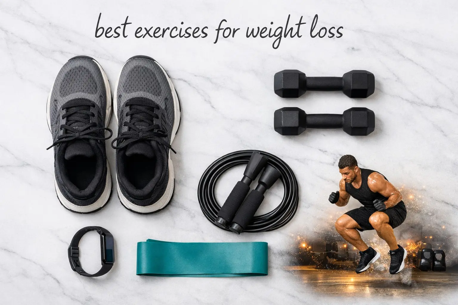 Running trainers dumbbells jump rope resistance band and fitness tracker representing the best exercises for weight loss