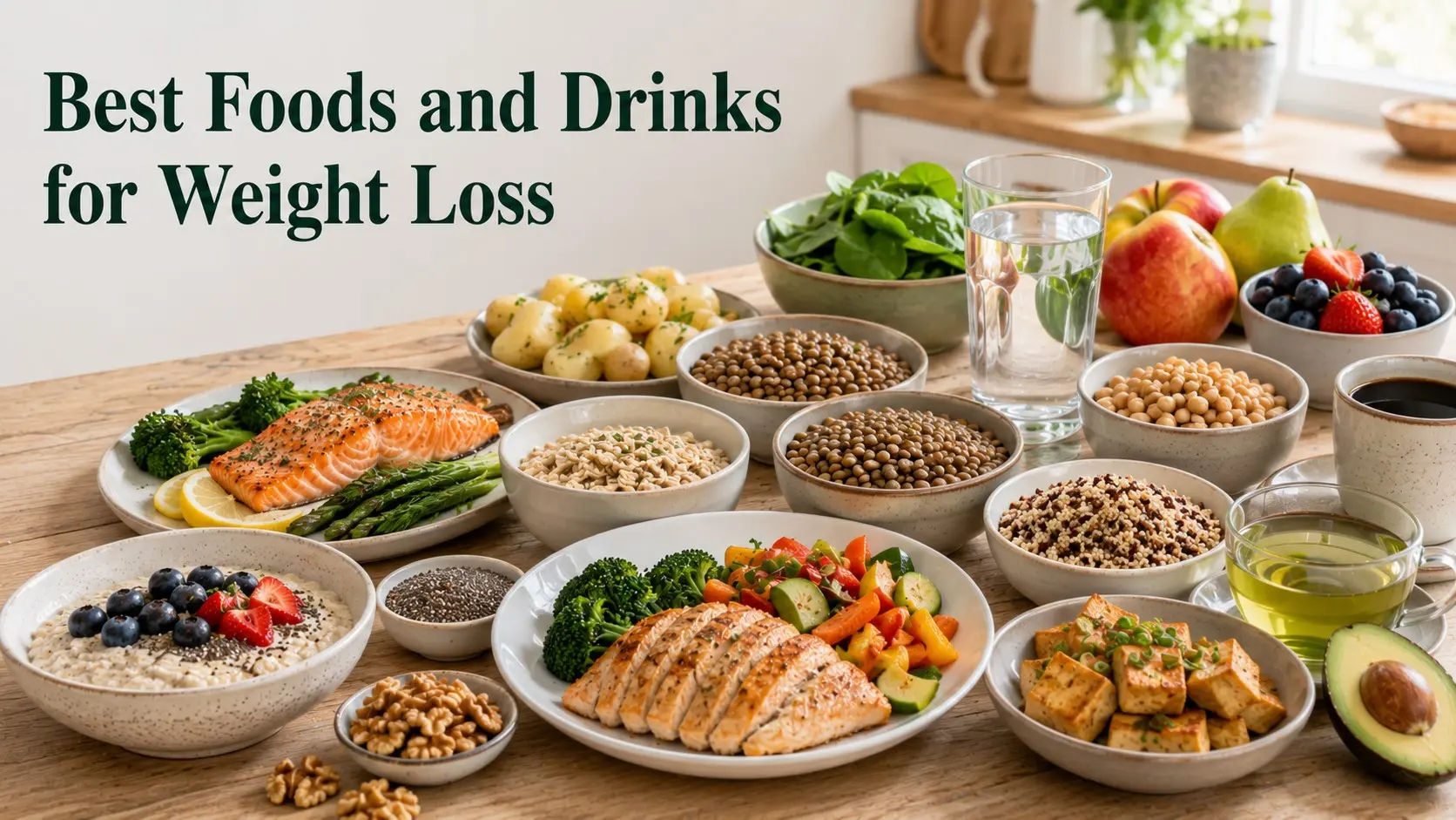 Best Foods and Drinks for Weight Loss with eggs, salmon, beans, oats, berries, vegetables, yogurt, nuts, water, tea, and coffee.