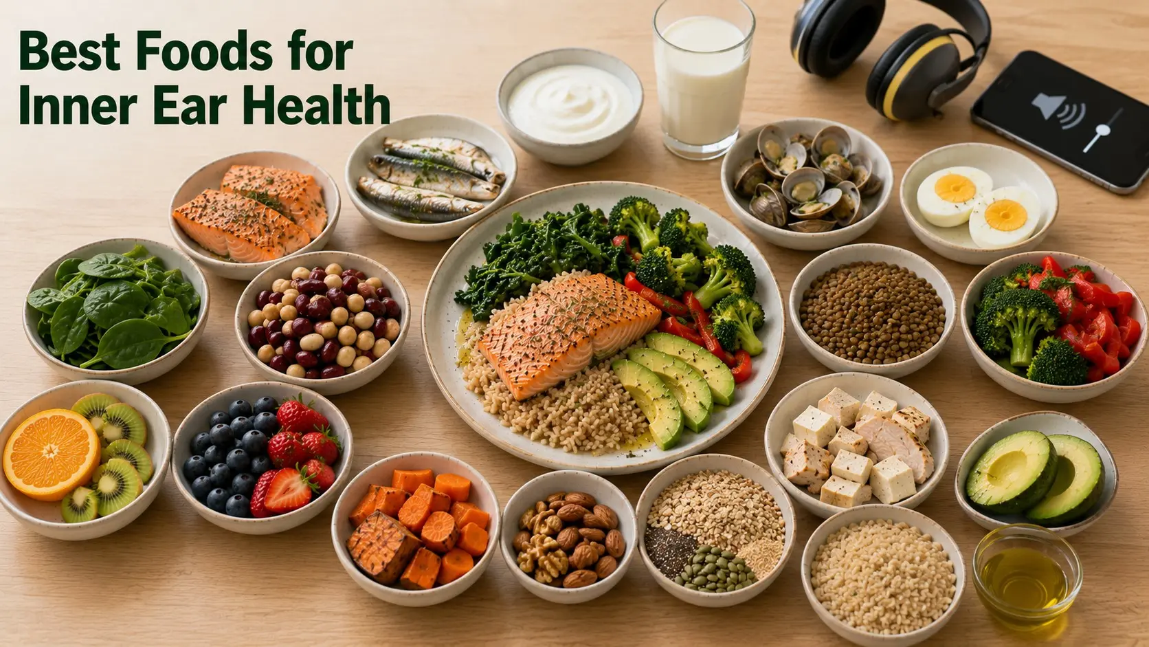 Best Foods for Inner Ear Health with salmon, eggs, yogurt, greens, beans, berries, nuts, seeds, whole grains, avocado, chicken, and tofu.