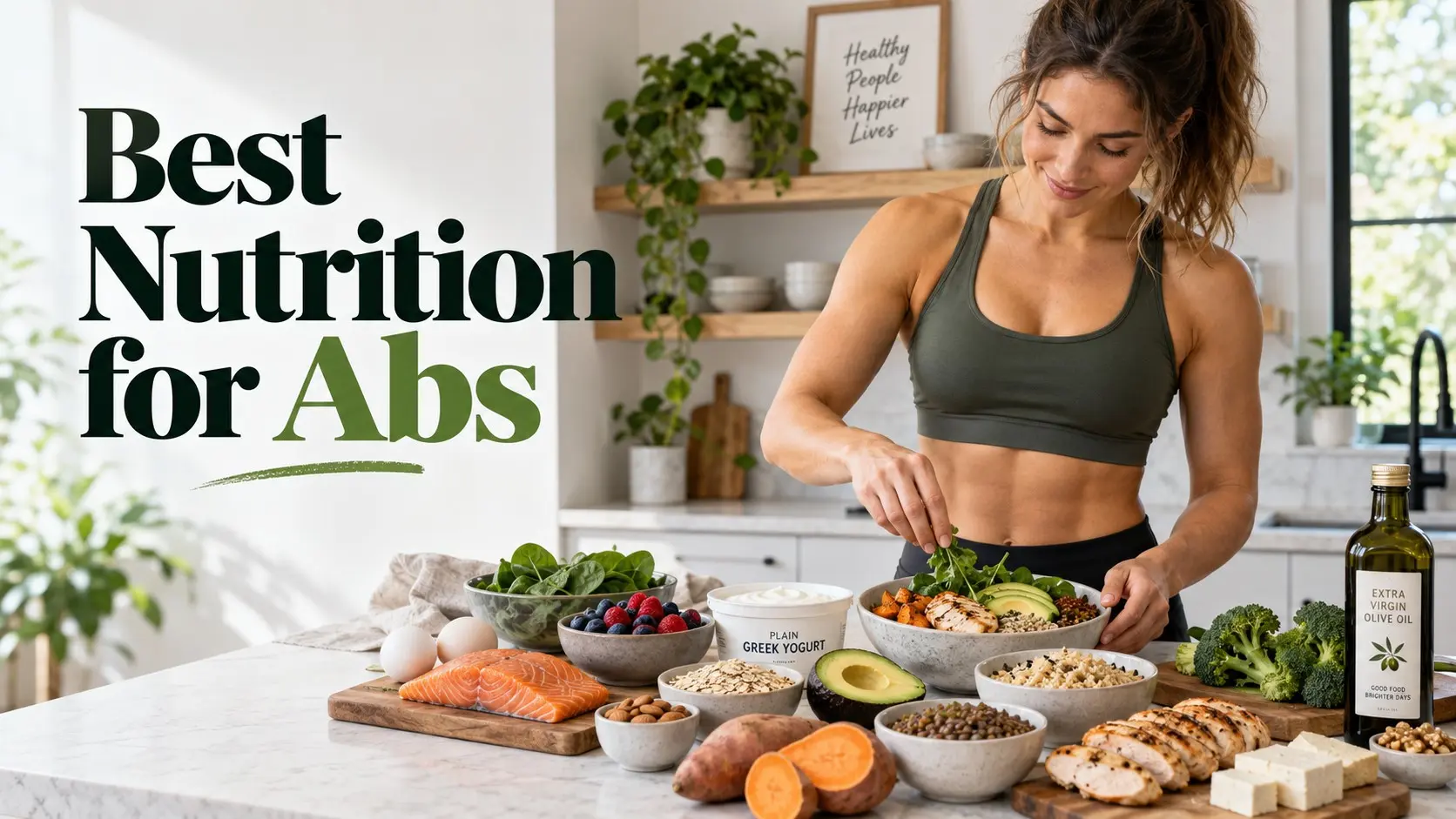 Best Nutrition for Abs with eggs, salmon, yogurt, chicken, lentils, oats, berries, vegetables, nuts, avocado, and other balanced foods.