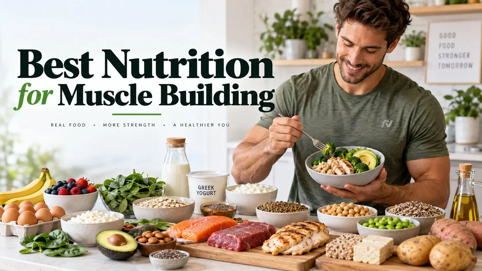 Best Nutrition for Muscle Building with eggs, chicken, salmon, yogurt, lentils, tofu, rice, oats, potatoes, fruit, vegetables, nuts, and seeds.