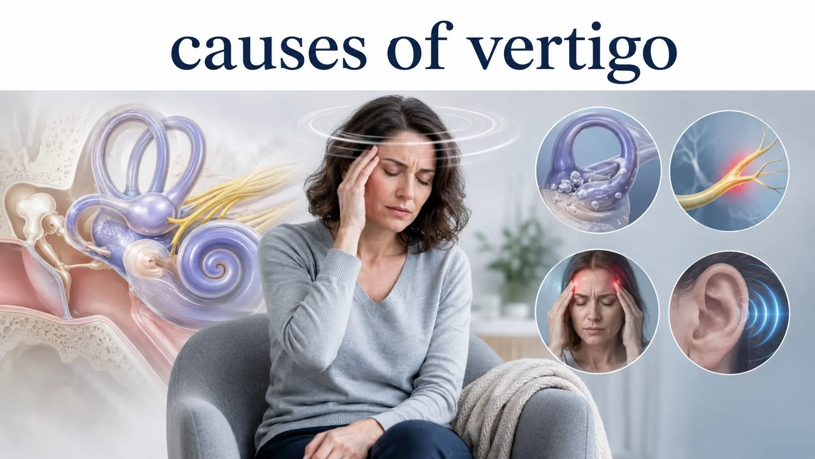 Causes of vertigo shown with inner ear balance anatomy, BPPV crystals, vestibular nerve, migraine, hearing changes, and balance symptoms