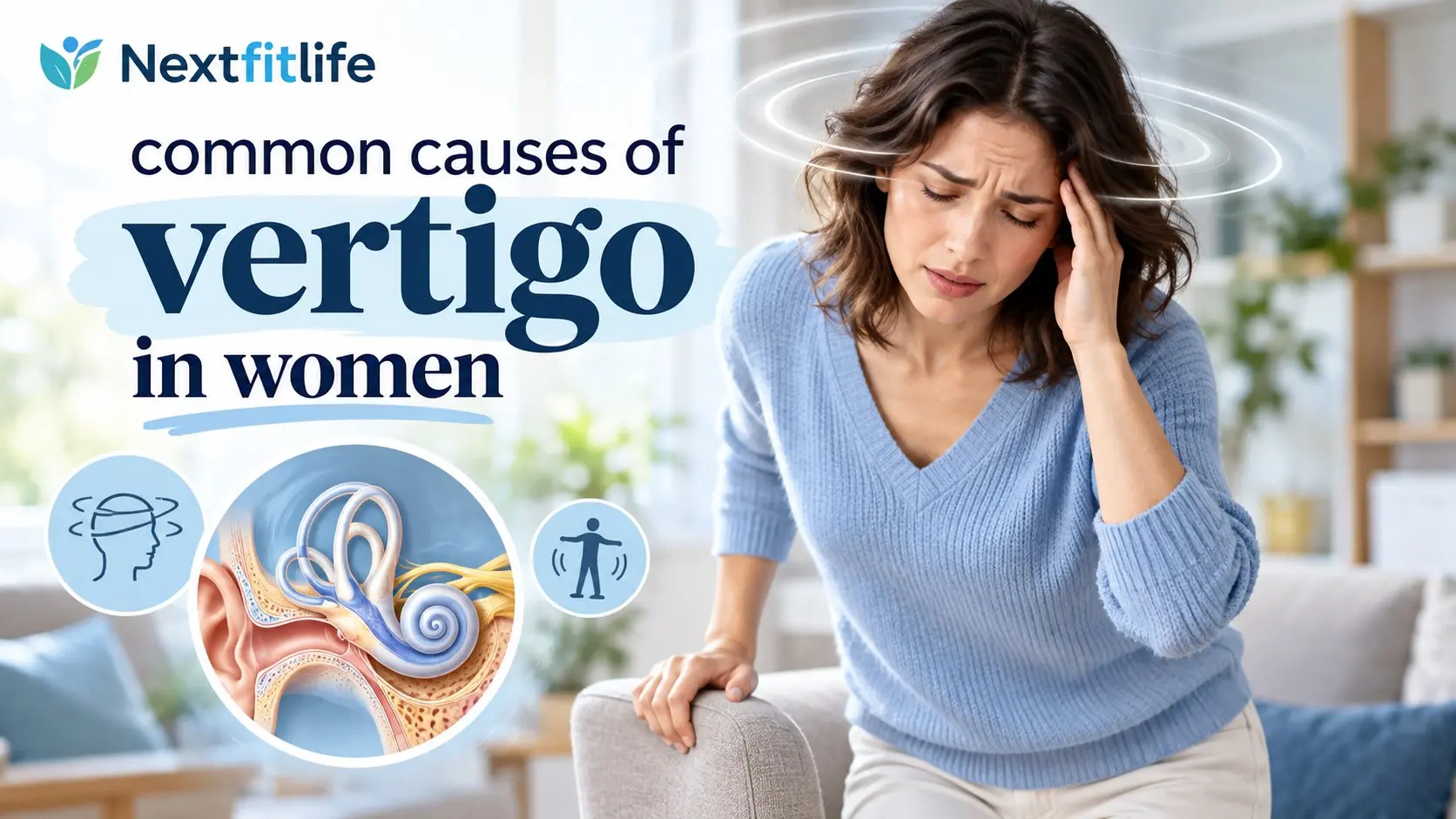 Common causes of vertigo in women including BPPV, vestibular migraine, inner ear problems, hormones, and dizziness