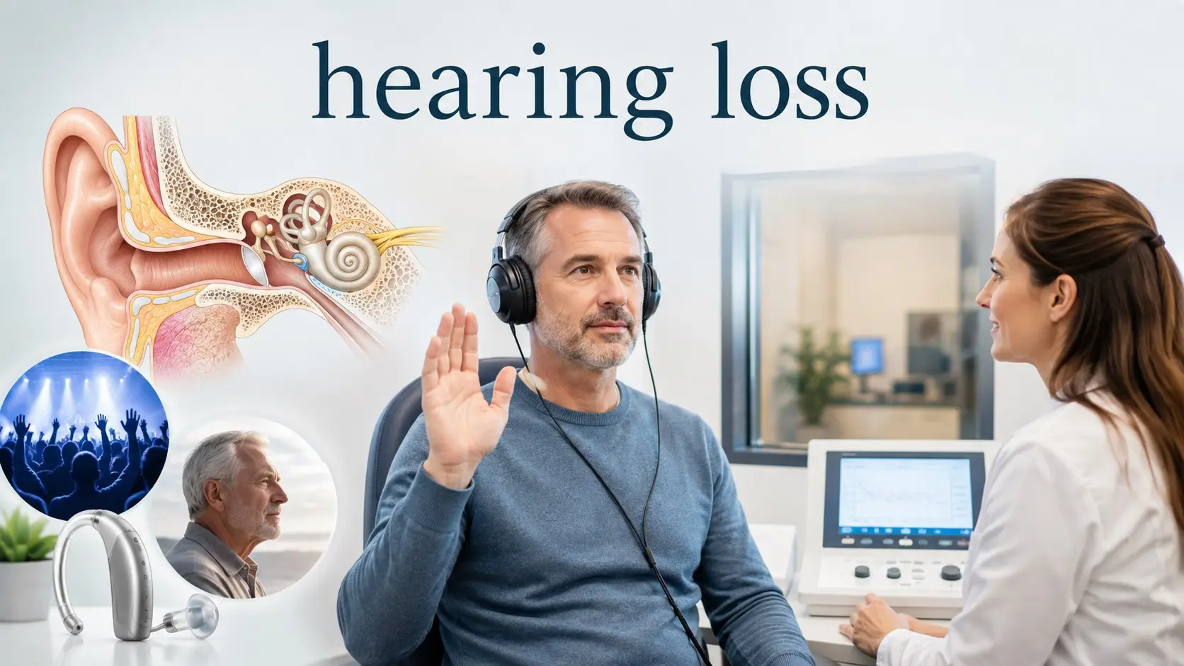 Hearing loss guide showing an adult having a hearing test with ear anatomy, an audiogram, hearing protection, and a modern hearing aid