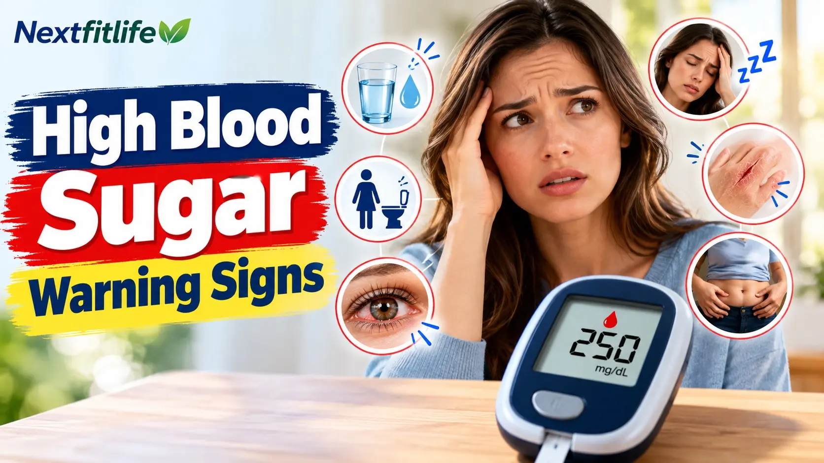 High blood sugar warning signs including thirst, frequent urination, fatigue, blurred vision, and glucose testing