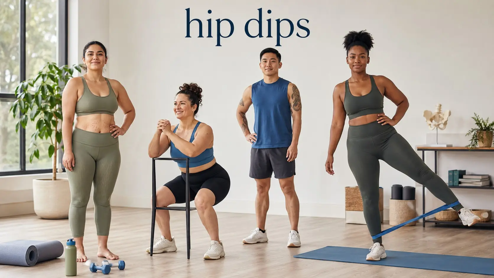 hip dips- Adults with different natural hip shapes doing gentle lower body strength exercises in a bright fitness studio