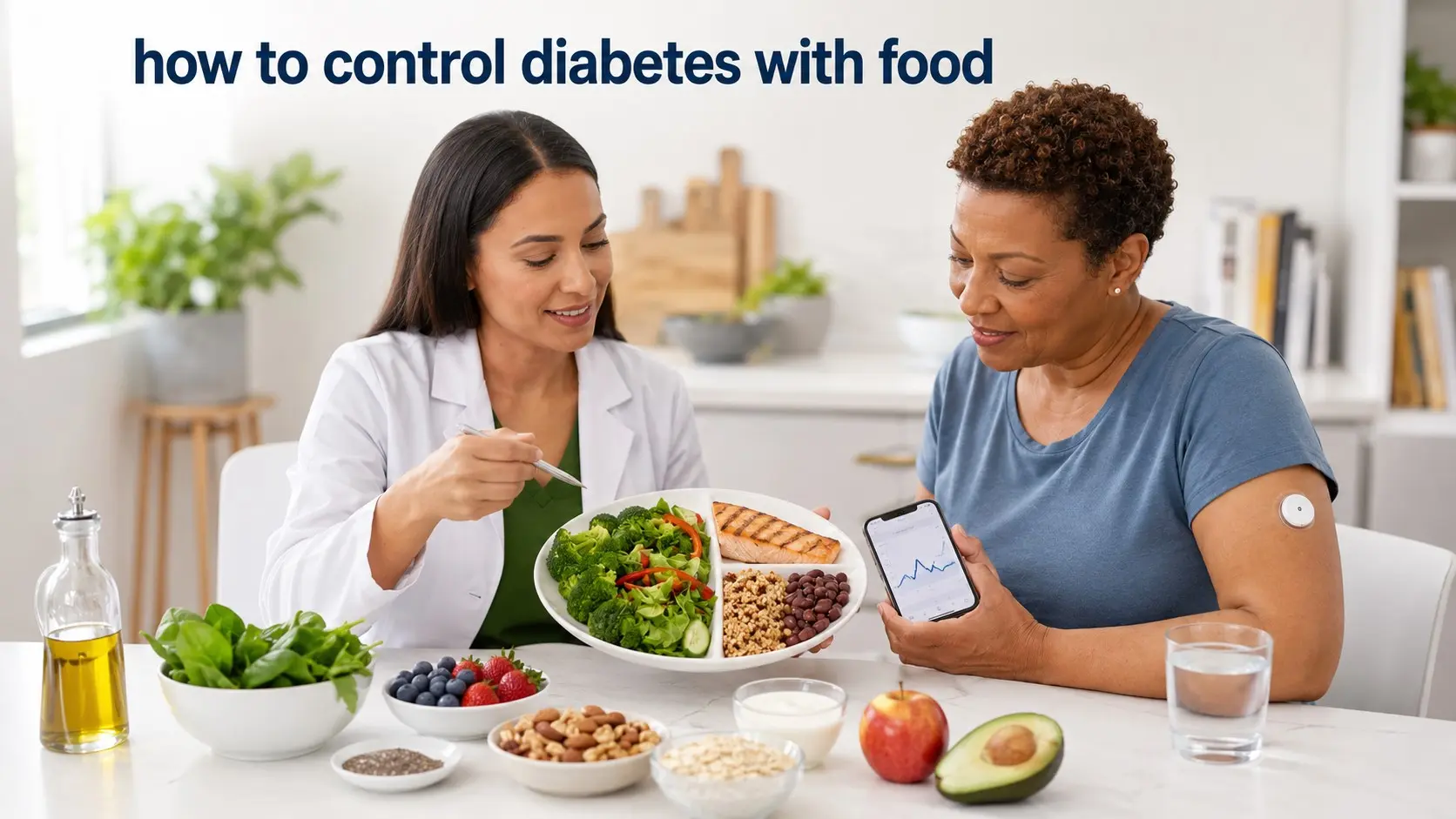 how-to-control-diabetes-with-food- Adult reviewing a diabetes-friendly plate with vegetables, protein, beans, berries, whole grains, fish, yogurt, nuts, and healthy fats.