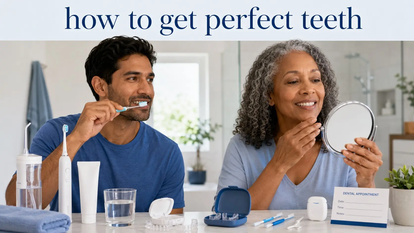 how to get perfect teeth- Adults brushing with fluoride toothpaste and reviewing safe options for healthy natural looking teeth