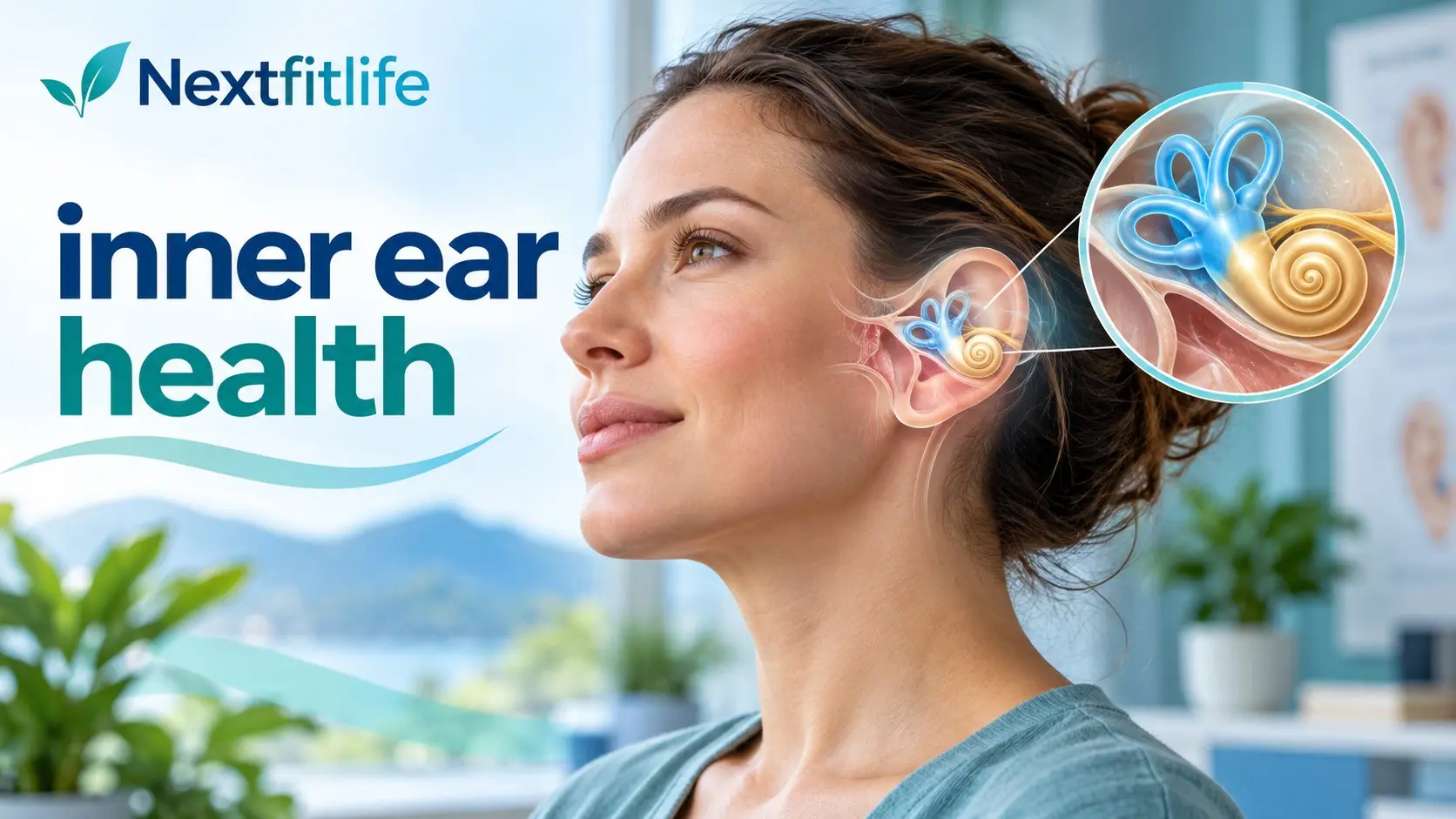 Inner ear health showing the cochlea, semicircular canals, hearing, balance, infection prevention, and safer ear care