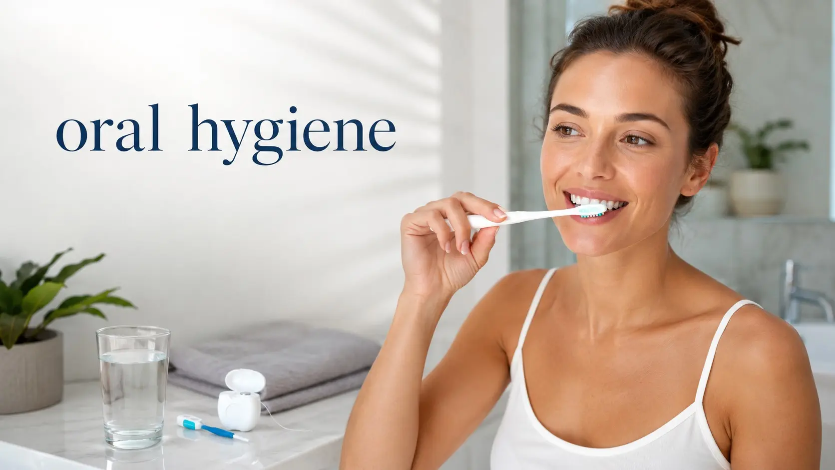 Adult brushing healthy teeth with fluoride toothpaste as part of a daily oral hygiene routine