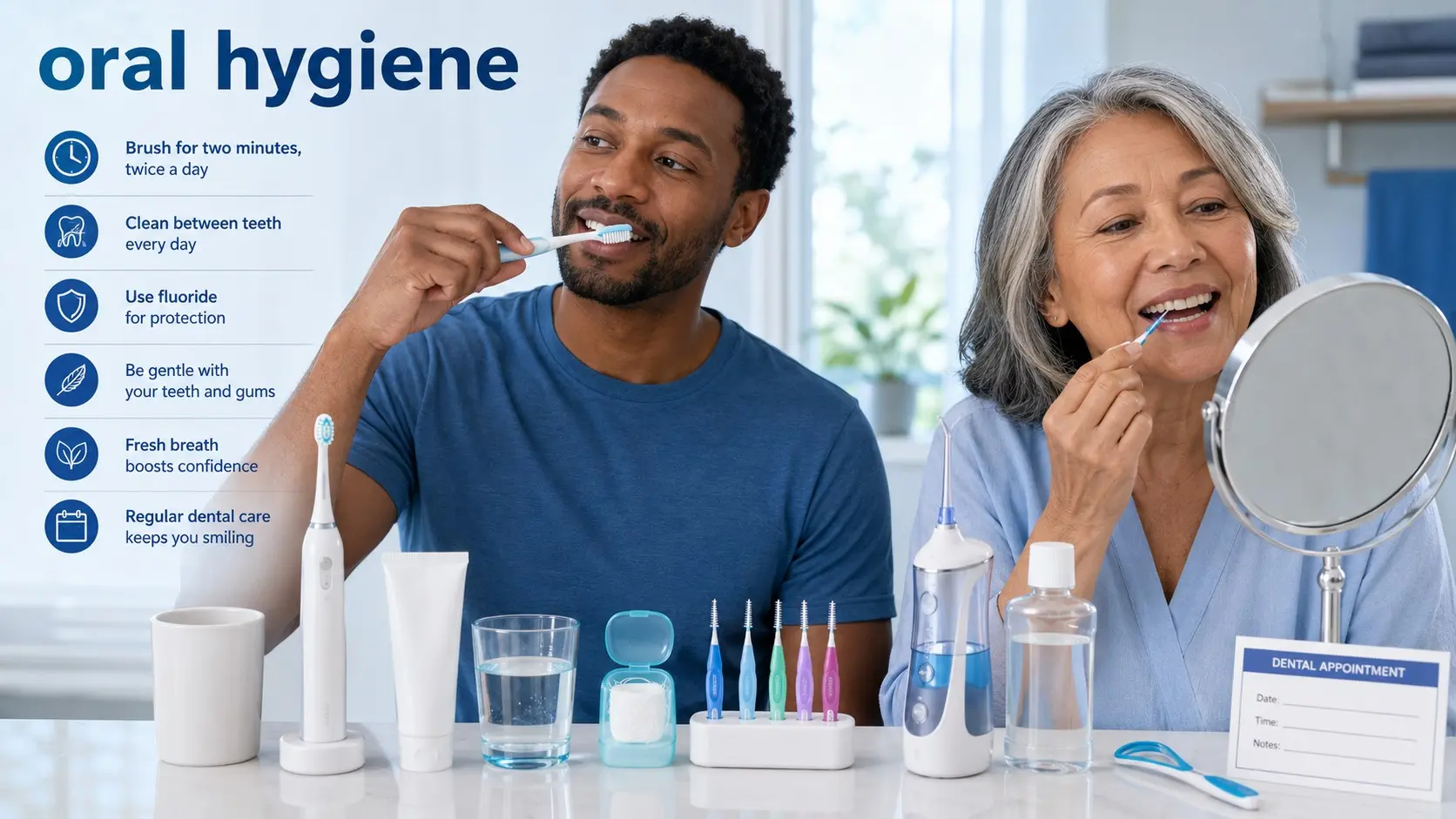 oral hygiene- Adults brushing with fluoride toothpaste and cleaning between teeth as part of a daily oral hygiene routine