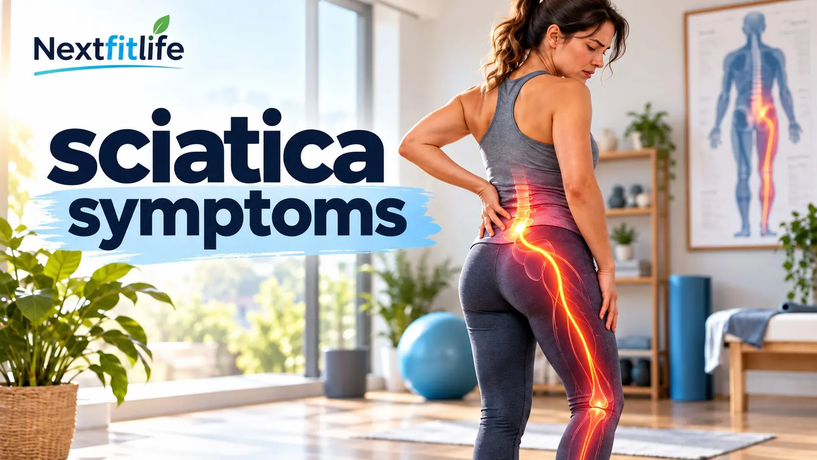 Sciatica symptoms with shooting nerve pain from the lower back through the buttock and down one leg