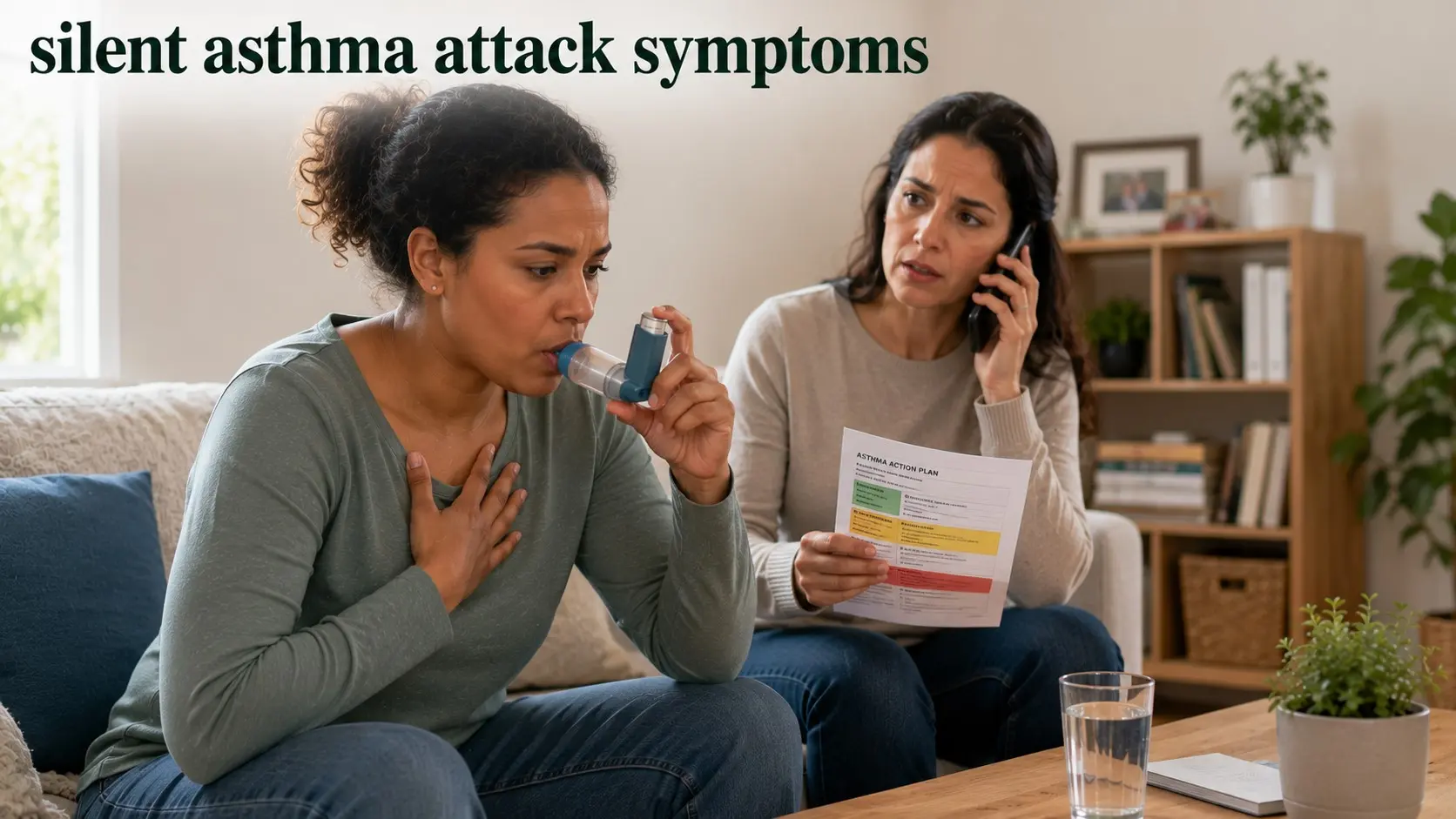silent asthma attack symptoms- Adult using a prescribed reliever inhaler with a spacer while another person calls emergency services during a severe asthma attack without obvious wheezing.