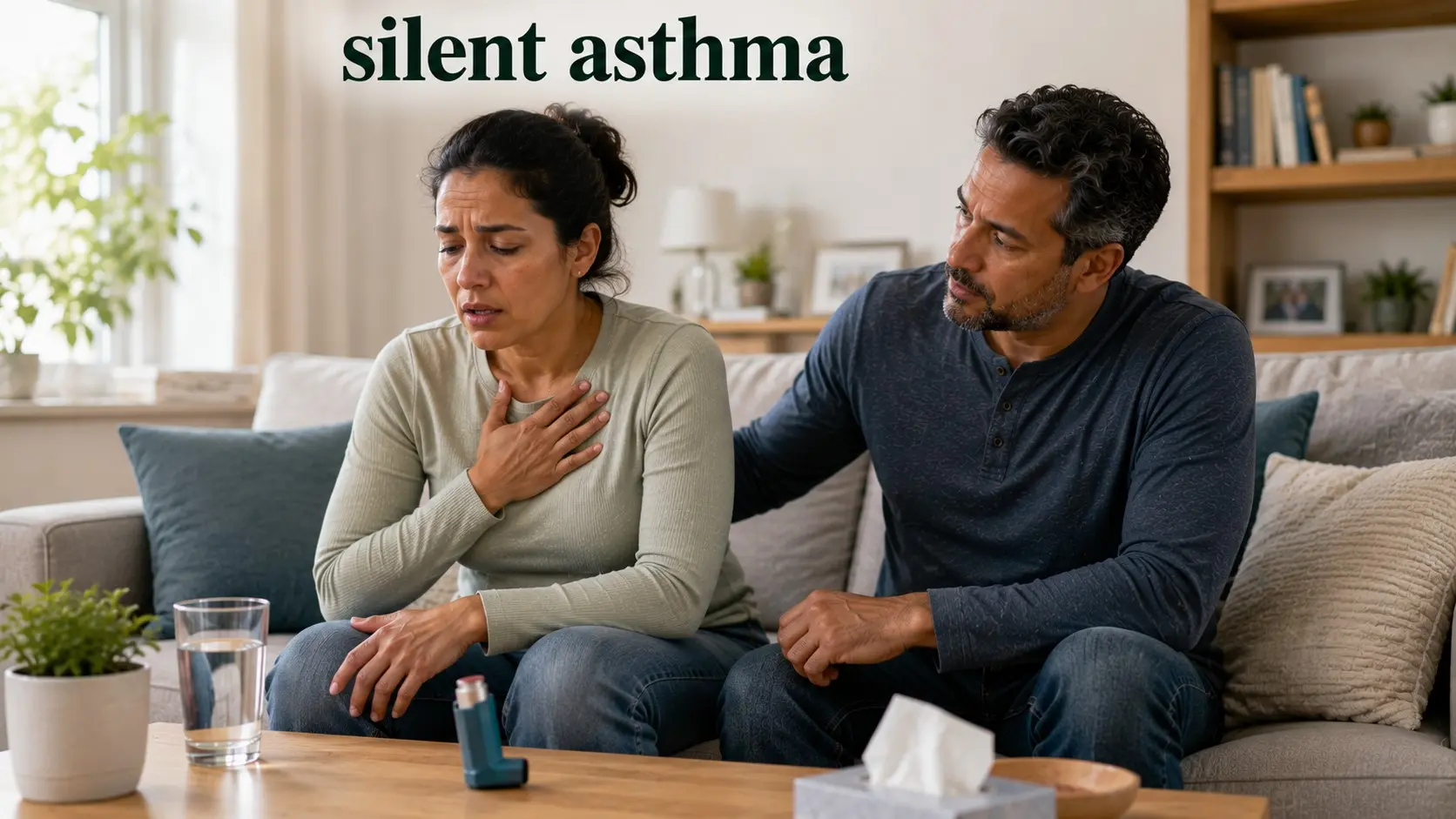 Adult with silent asthma symptoms sitting upright at home with an inhaler nearby and subtle breathing difficulty
