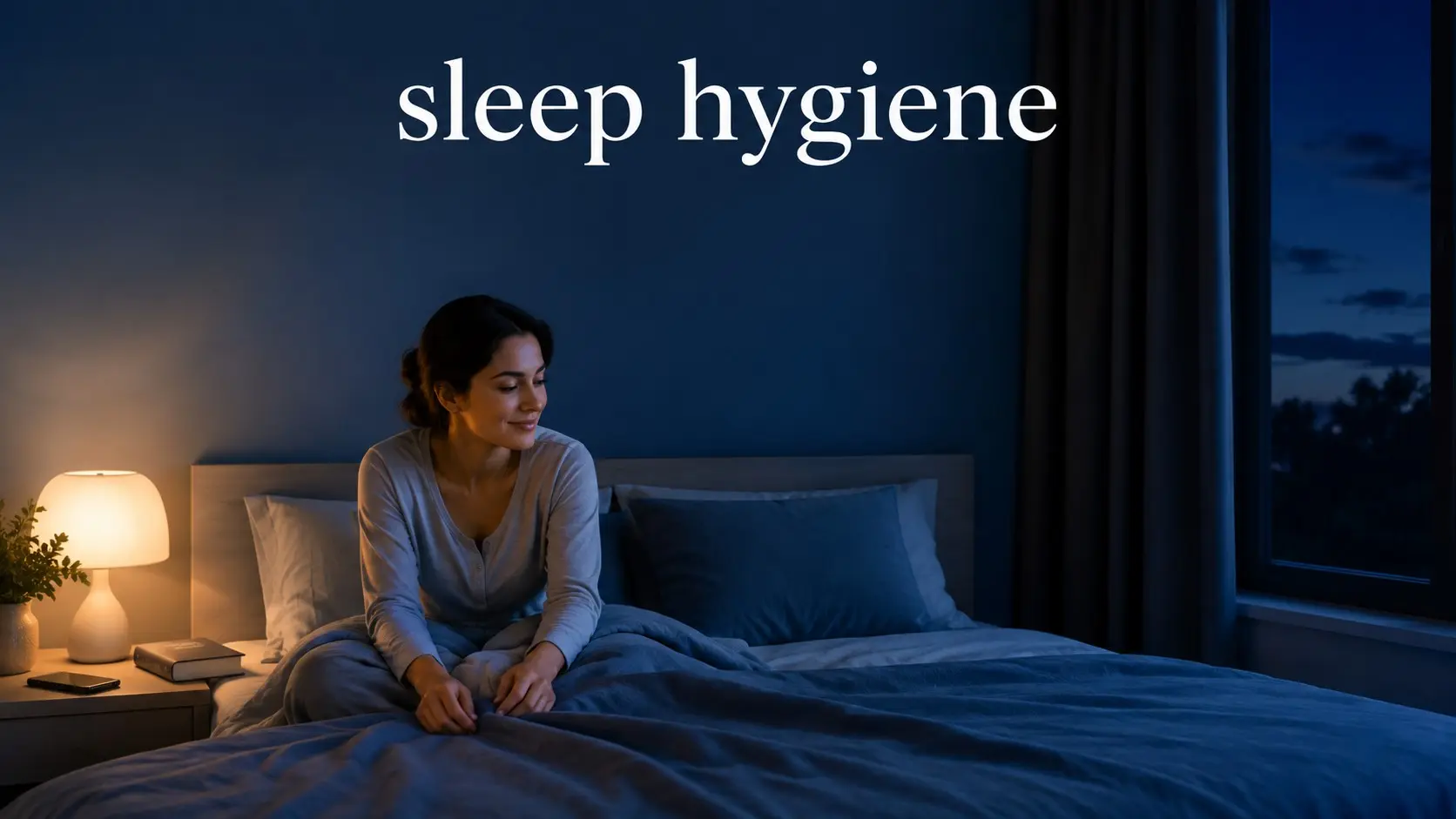 Calm adult preparing for sleep in a dark comfortable bedroom while following healthy sleep hygiene habits such as dim light and a regular bedtime routine