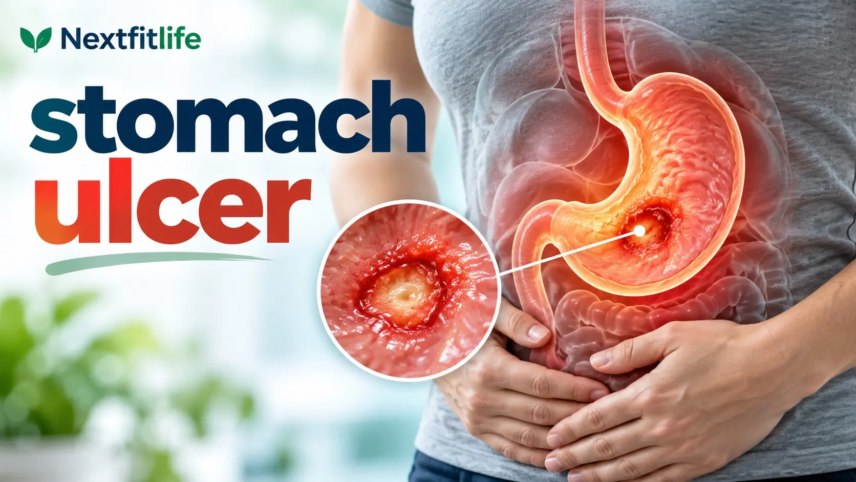 Stomach ulcer symptoms and treatment showing gastric ulcer, H. pylori testing, NSAID risk, and safe medical care