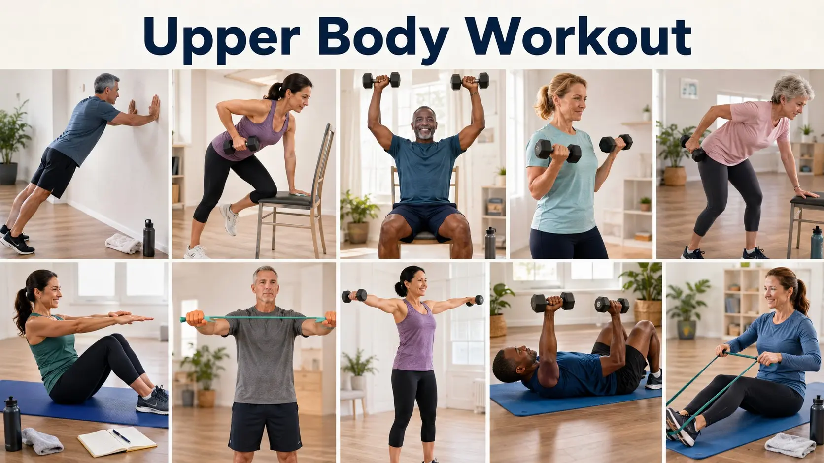 Upper Body Workout guide with adults doing safe wall push ups, rows, shoulder presses, curls, triceps exercises, and band pull aparts