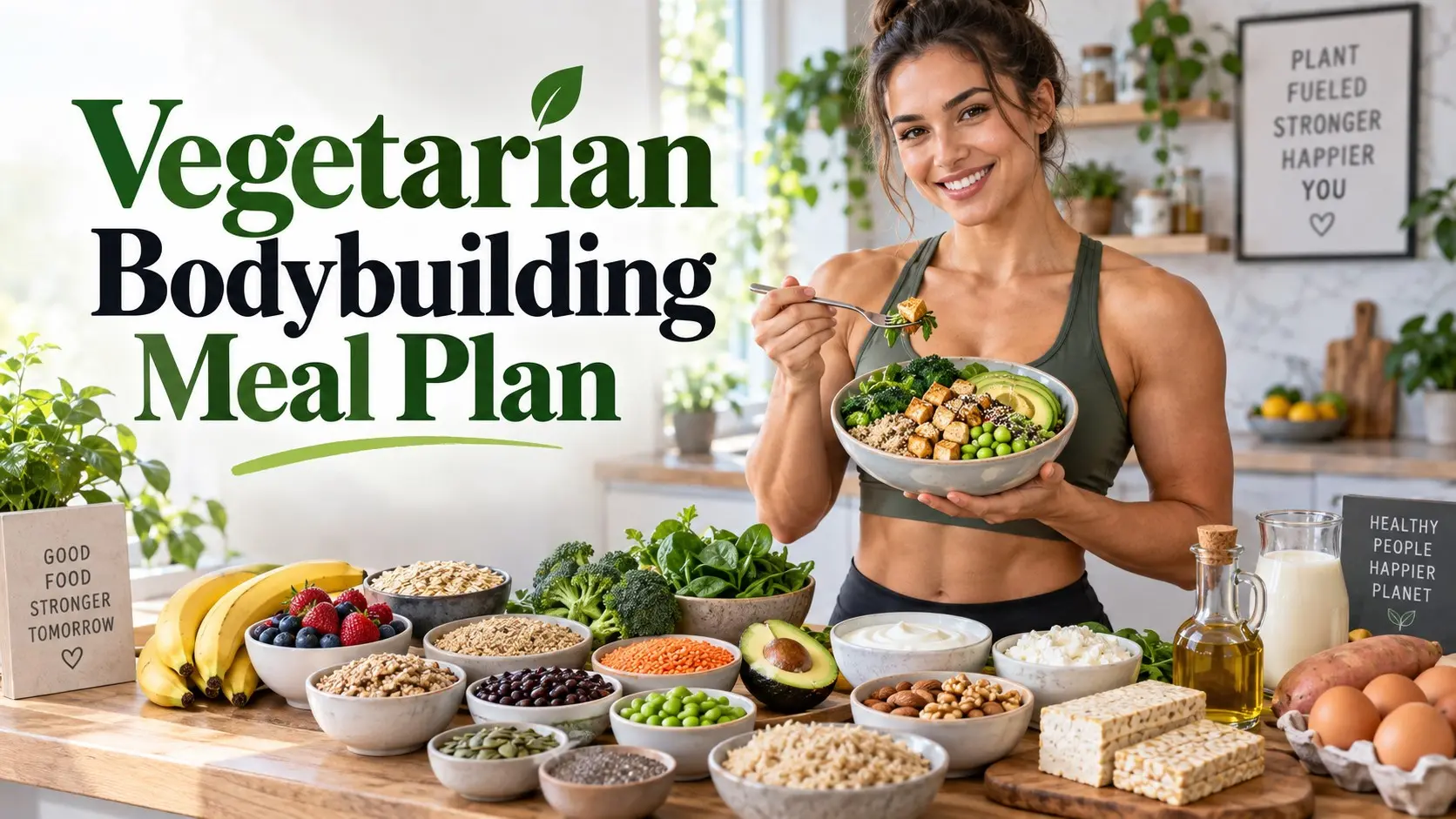 Vegetarian Bodybuilding Meal Plan with tofu, tempeh, eggs, Greek yogurt, lentils, beans, quinoa, oats, vegetables, nuts, and seeds.