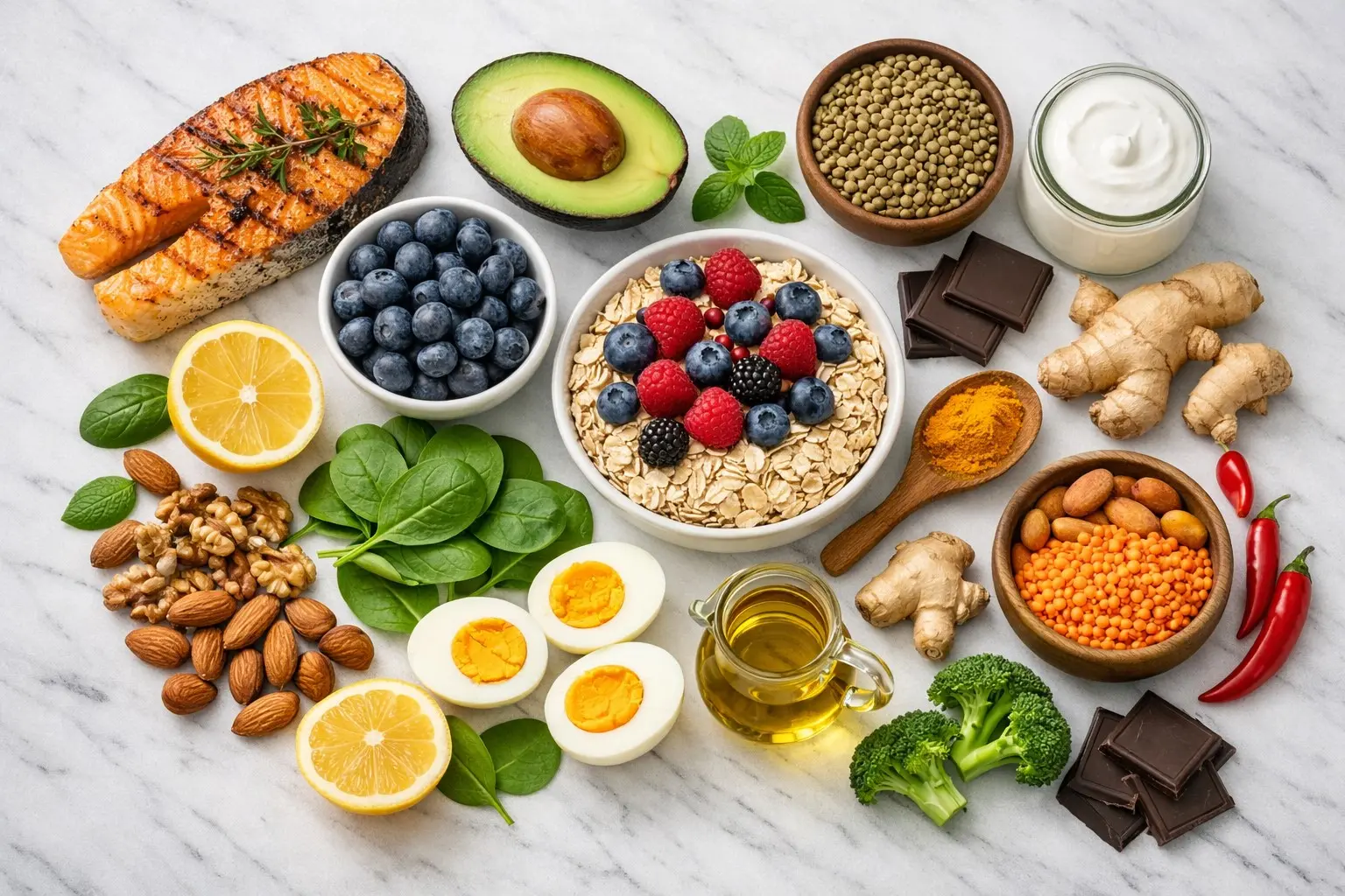 Top-down view of the 20 best belly fat burning foods including salmon, avocado, oats, eggs, blueberries and leafy greens