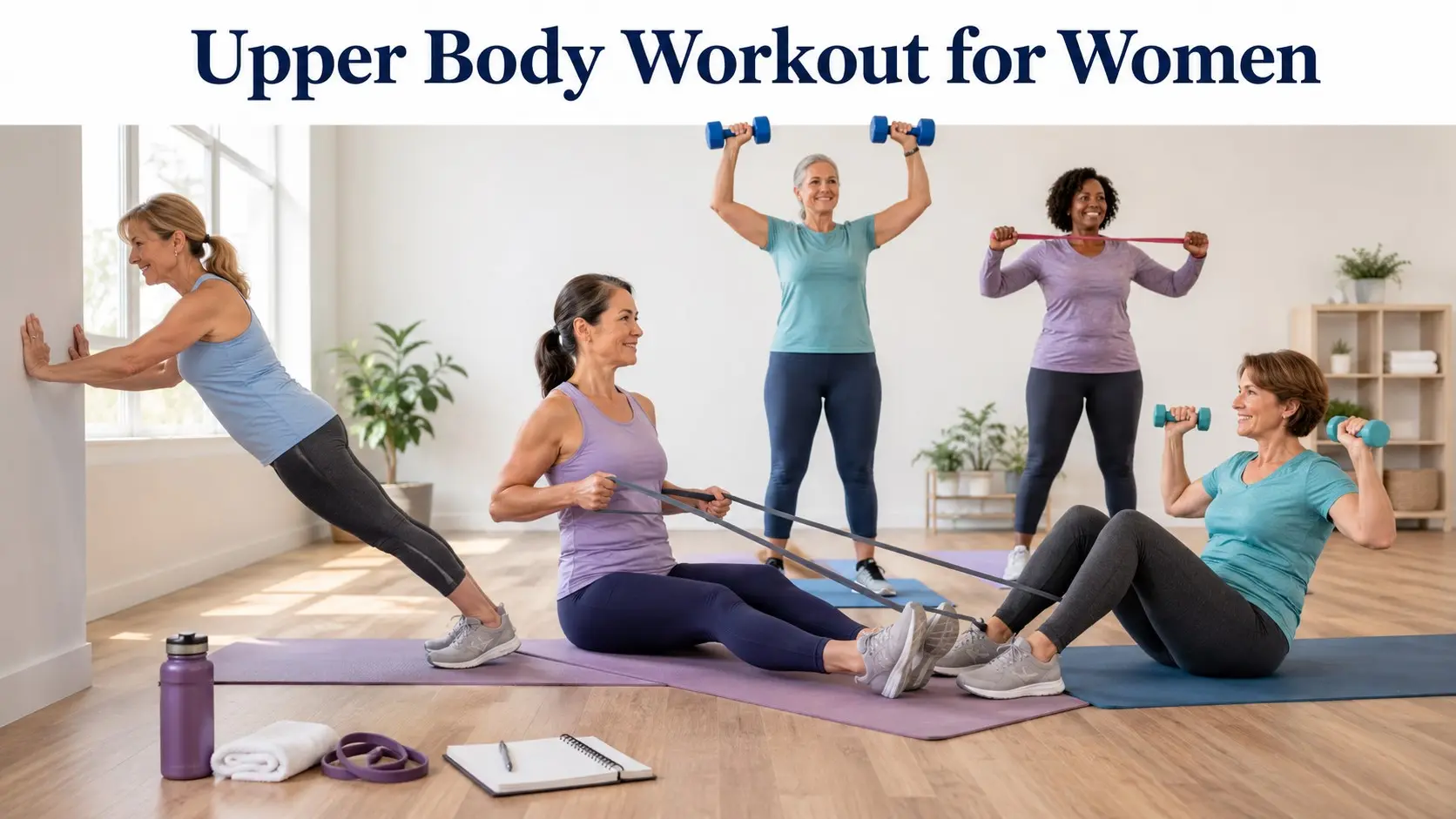 Upper Body Workout for Women guide with safe dumbbell, resistance band, shoulder, back, arm, and posture exercises