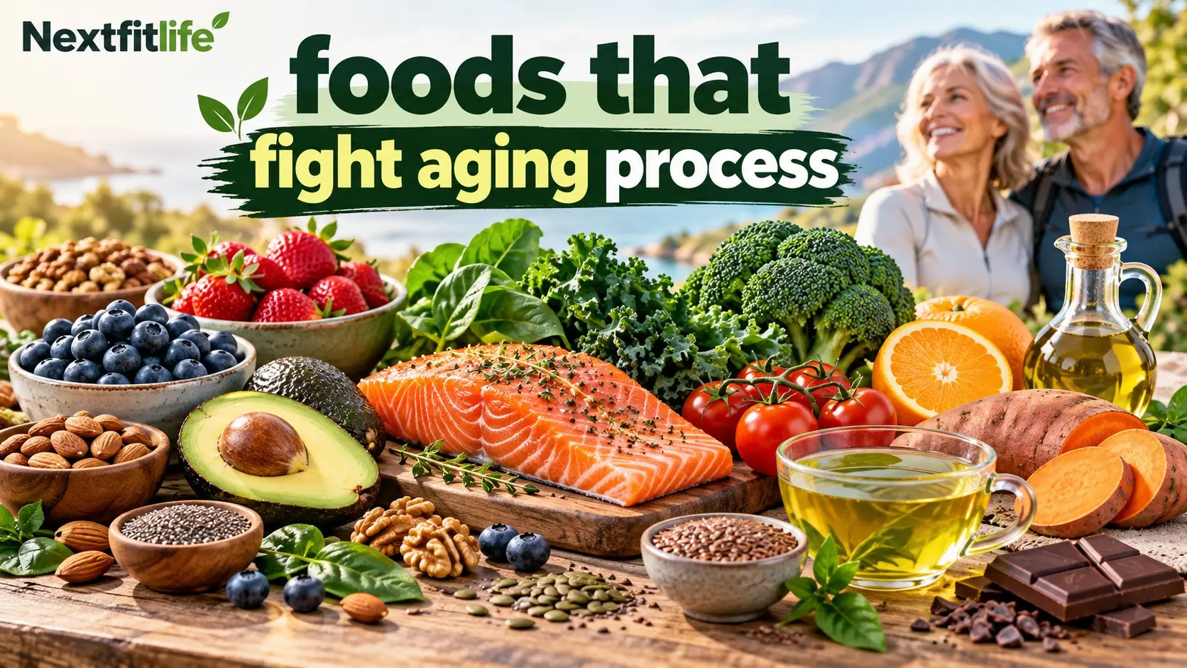 Foods that fight aging process including berries, salmon, nuts, leafy greens, olive oil, and avocado