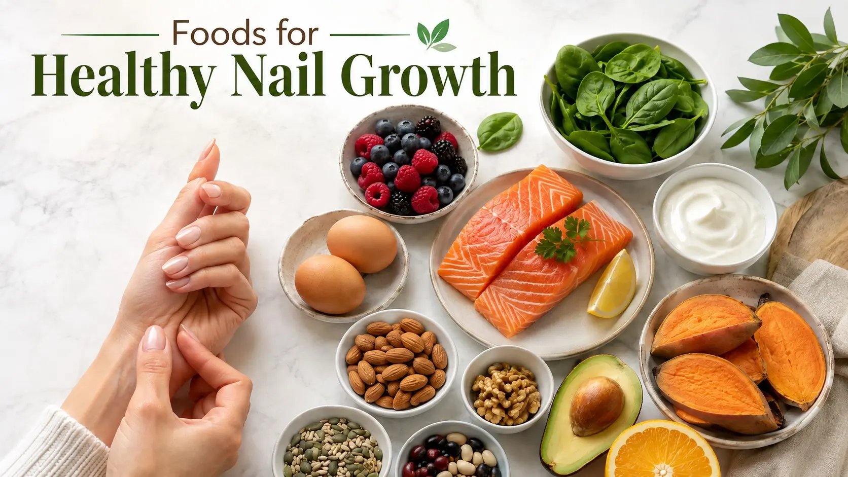 Foods for Healthy Nail Growth - Eggs, salmon, spinach, berries, yogurt, nuts, seeds, avocado, sweet potatoes, and manicured nails representing foods for healthy nail growth.