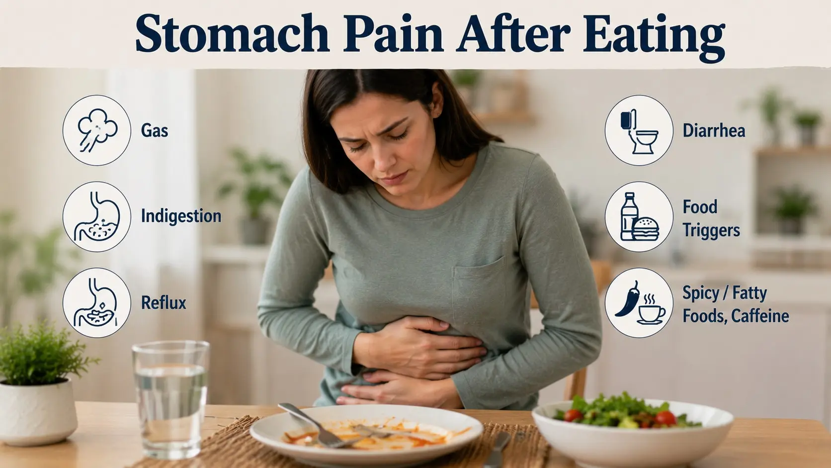 tomach Pain After Eating guide showing a person holding their belly after a meal with simple digestive health icons
