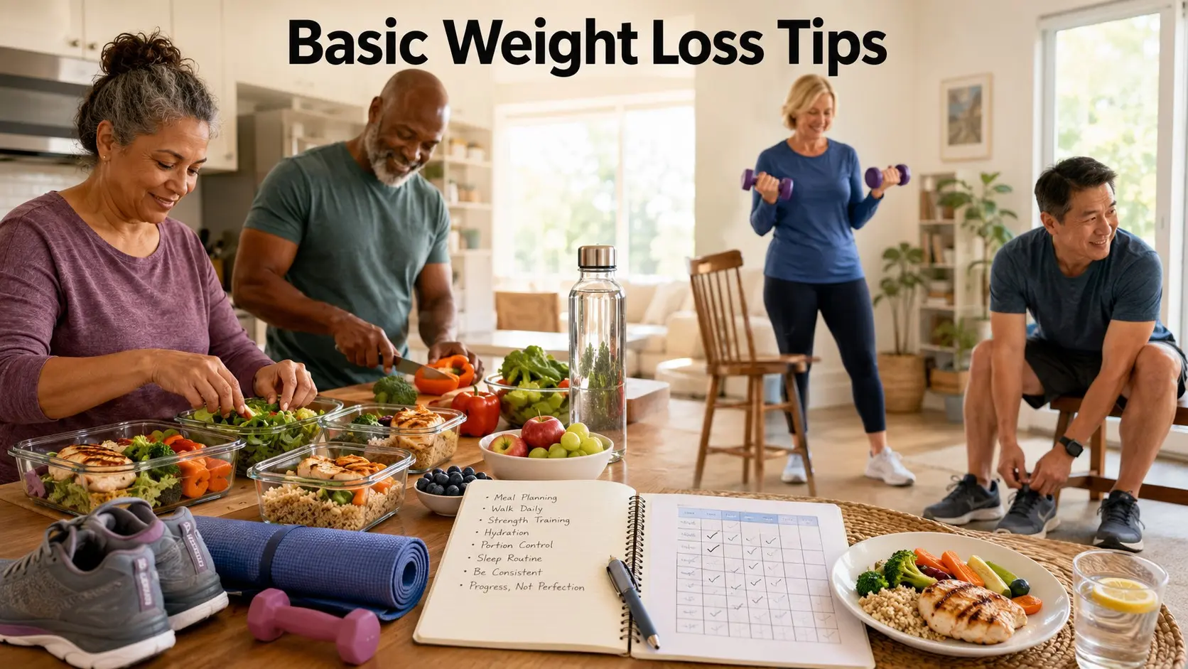 Basic Weight Loss Tips guide with adults planning balanced meals, walking, drinking water, using light dumbbells, tracking habits, and building healthy routines
