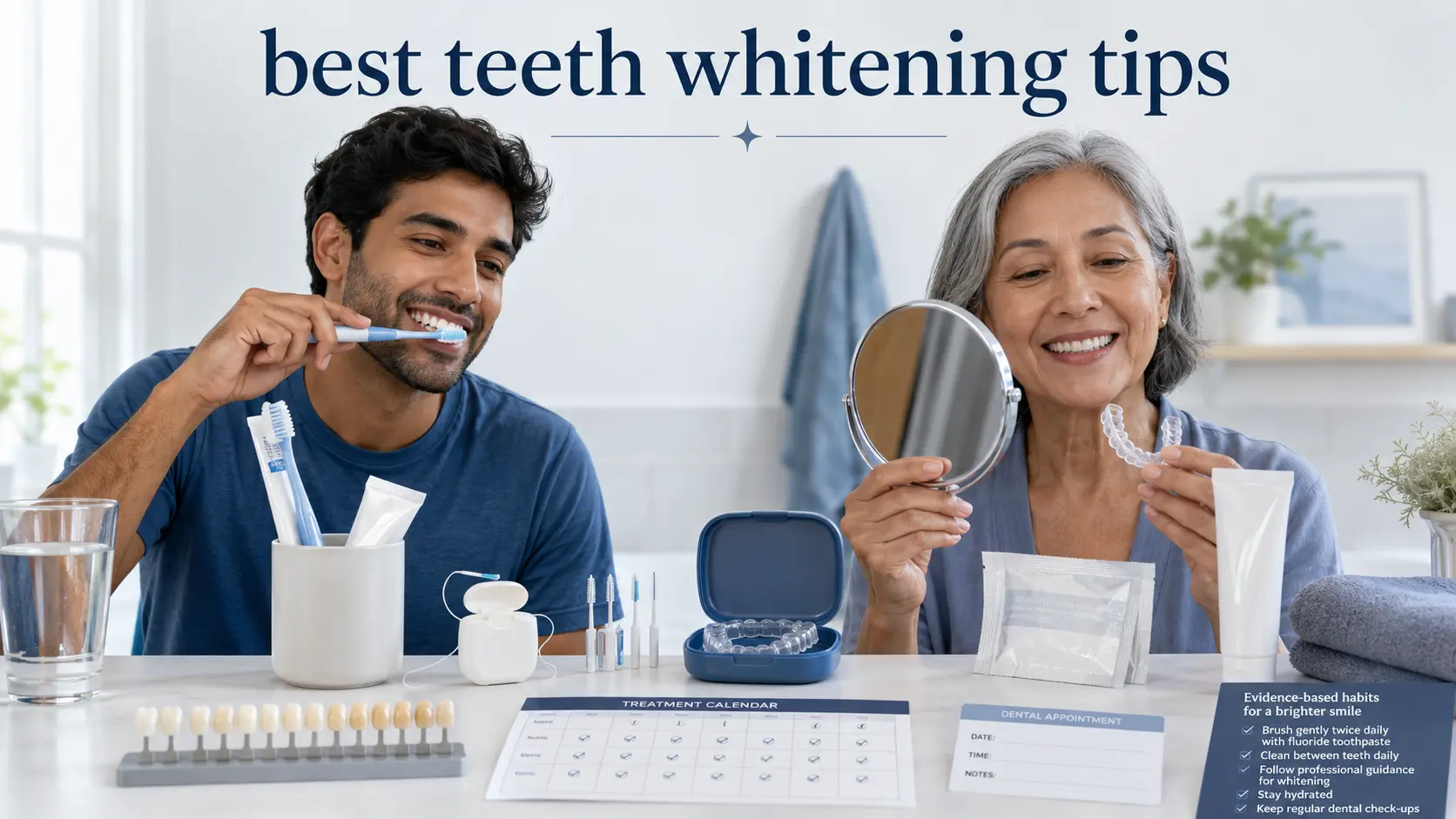 best teeth whitening tips- Adults using fluoride toothpaste and a dentist supplied tray for safe gradual teeth whitening