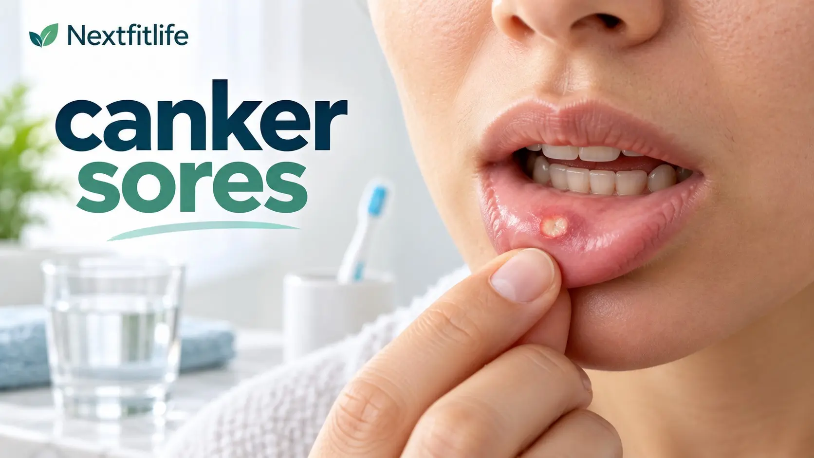 Canker sores guide showing a small aphthous ulcer inside the lip with safe relief and prevention tips