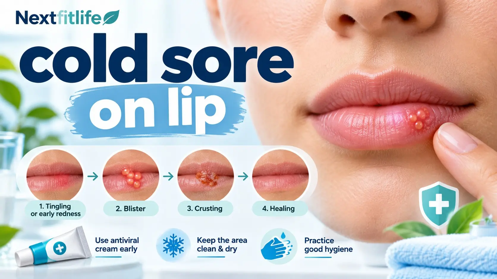 Cold sore on lip showing HSV 1 blister stages, early symptoms, and treatment