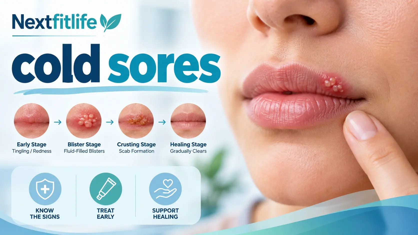 Cold sores guide showing herpes labialis symptoms, stages, and treatment around the lips