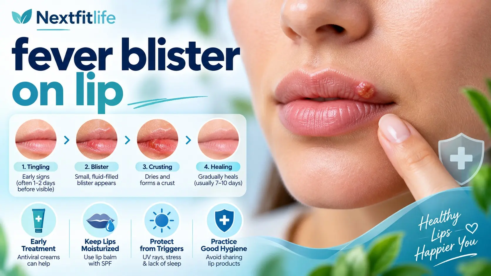 Fever blister on lip showing HSV 1 symptoms, stages, and early treatment